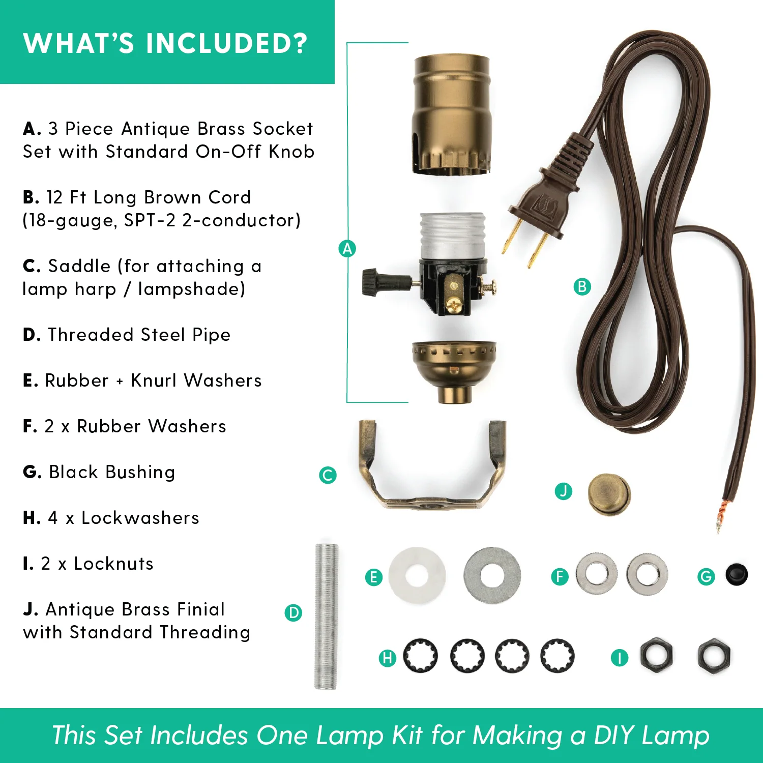 DIY Lamp Wiring Kit (Antique Brass Socket & Brown Cord)