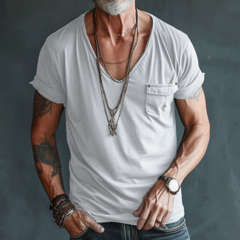 【24-hour shipping out】Men's V Neck Breast Pocket Short Sleeve Cargo T-shirt 63249043Z