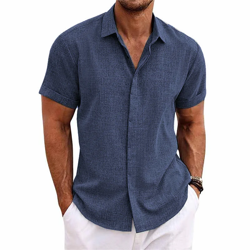 【24-hour shipping out】Men's Solid Color Lapel Cotton Linen Short Sleeve Shirt 82339241X