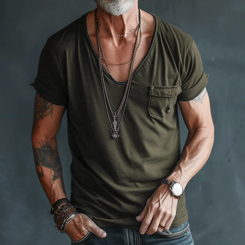 【24-hour shipping out】Men's V Neck Breast Pocket Short Sleeve Cargo T-shirt 63249043Z