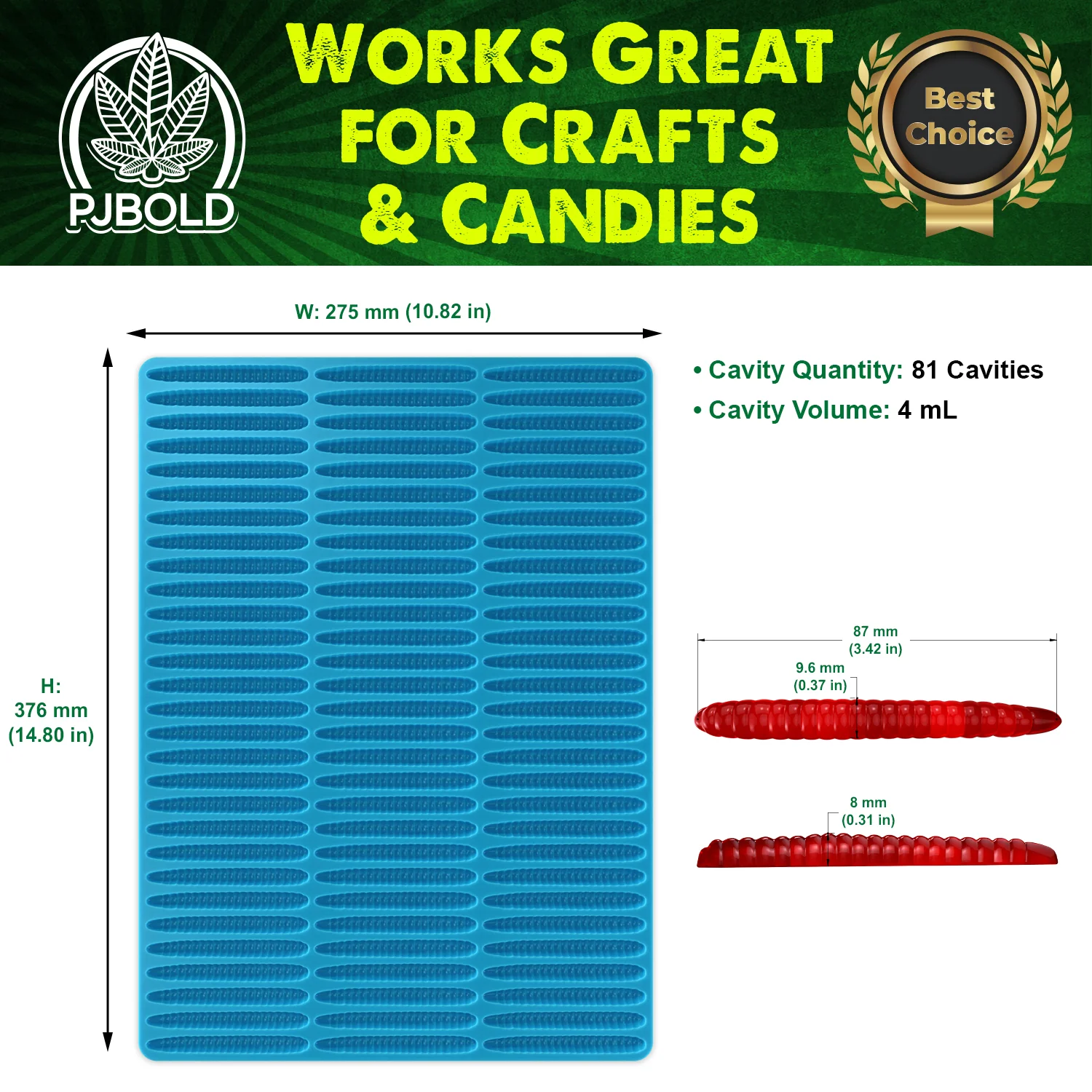 Gummy Worm Mold Silicone, 4mL, 87 Cavity, Half Sheet
