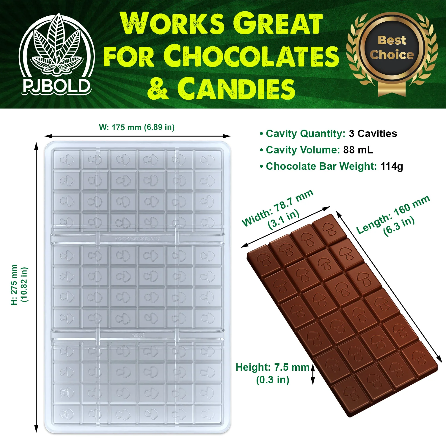 Mushroom, Polycarbonate Chocolate Mold, 88mL (114 gram), 24 Piece Bar