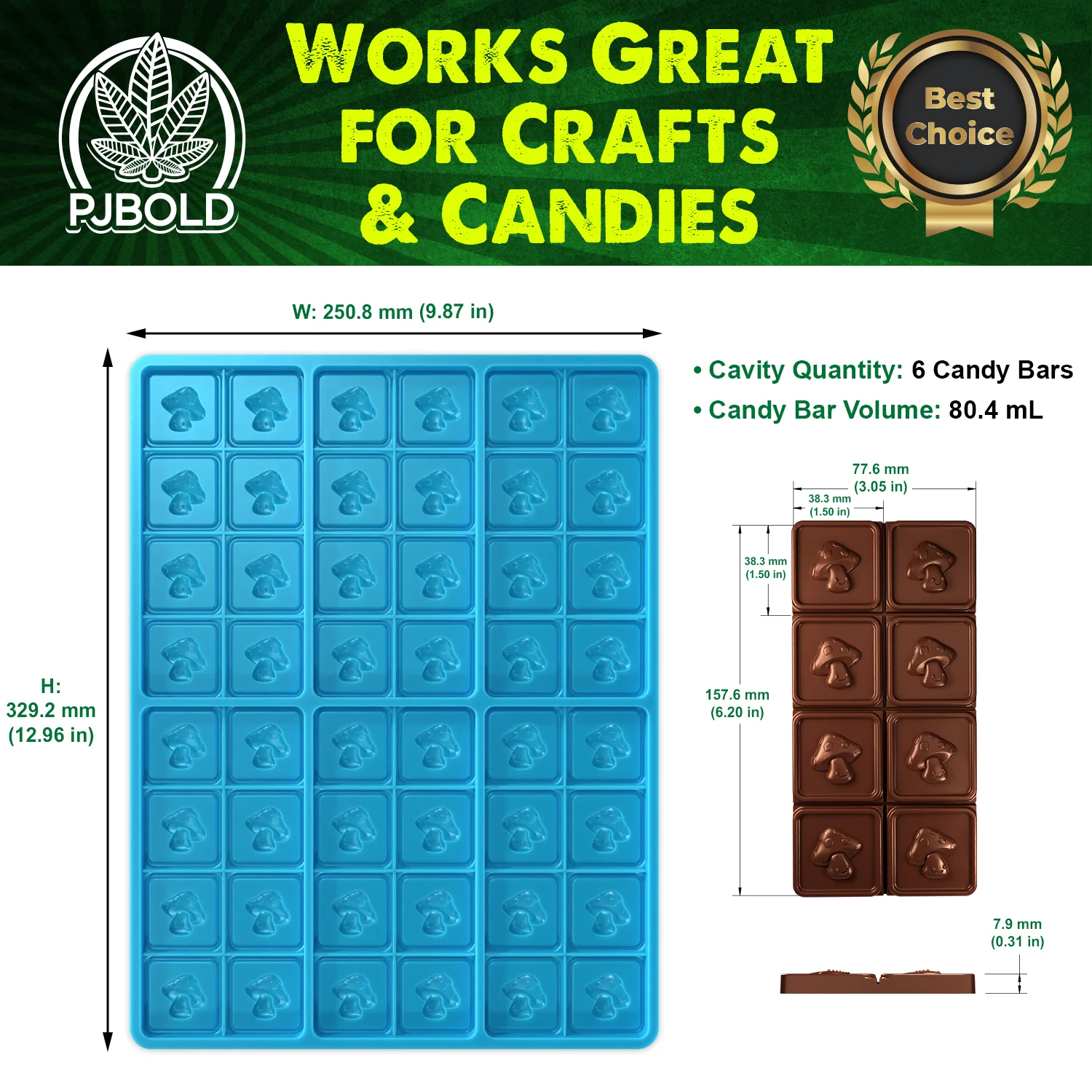 Mushroom Candy Bar Mold, 6 Cavity