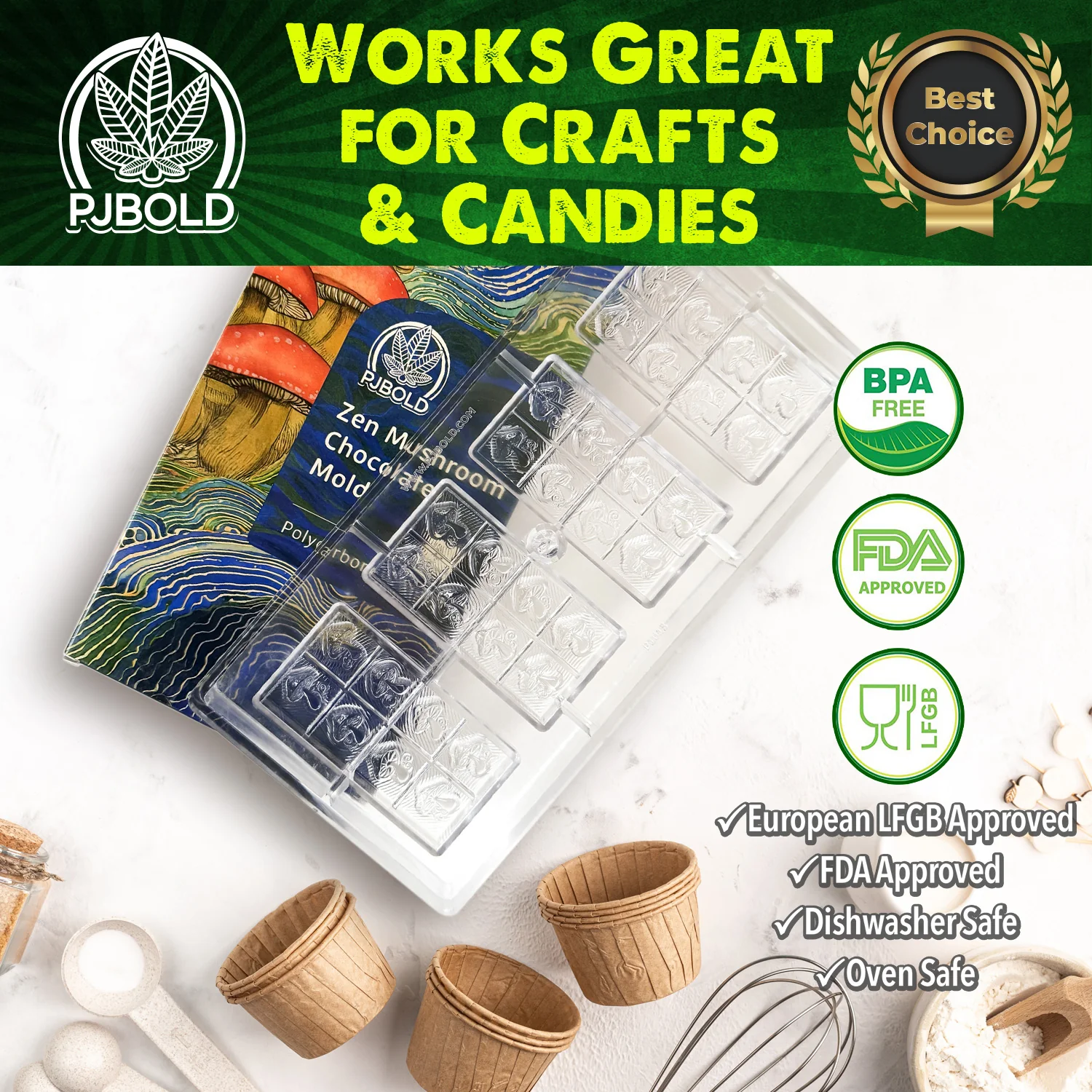 Zen Mushroom, Polycarbonate Bar Mold, 38mL (50 gram), 8 Pieces, For Gummies, Candies, Chocolates