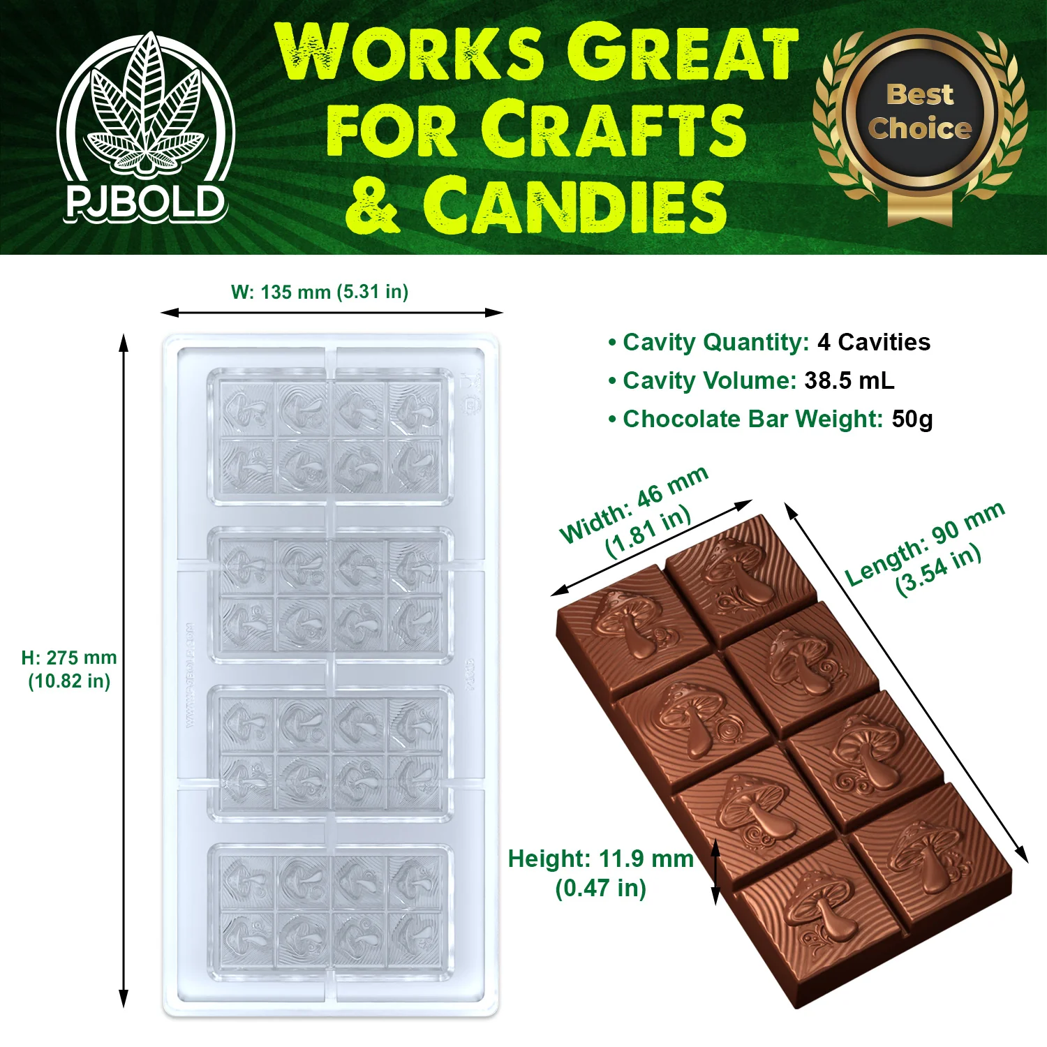 Zen Mushroom, Polycarbonate Bar Mold, 38mL (50 gram), 8 Pieces, For Gummies, Candies, Chocolates