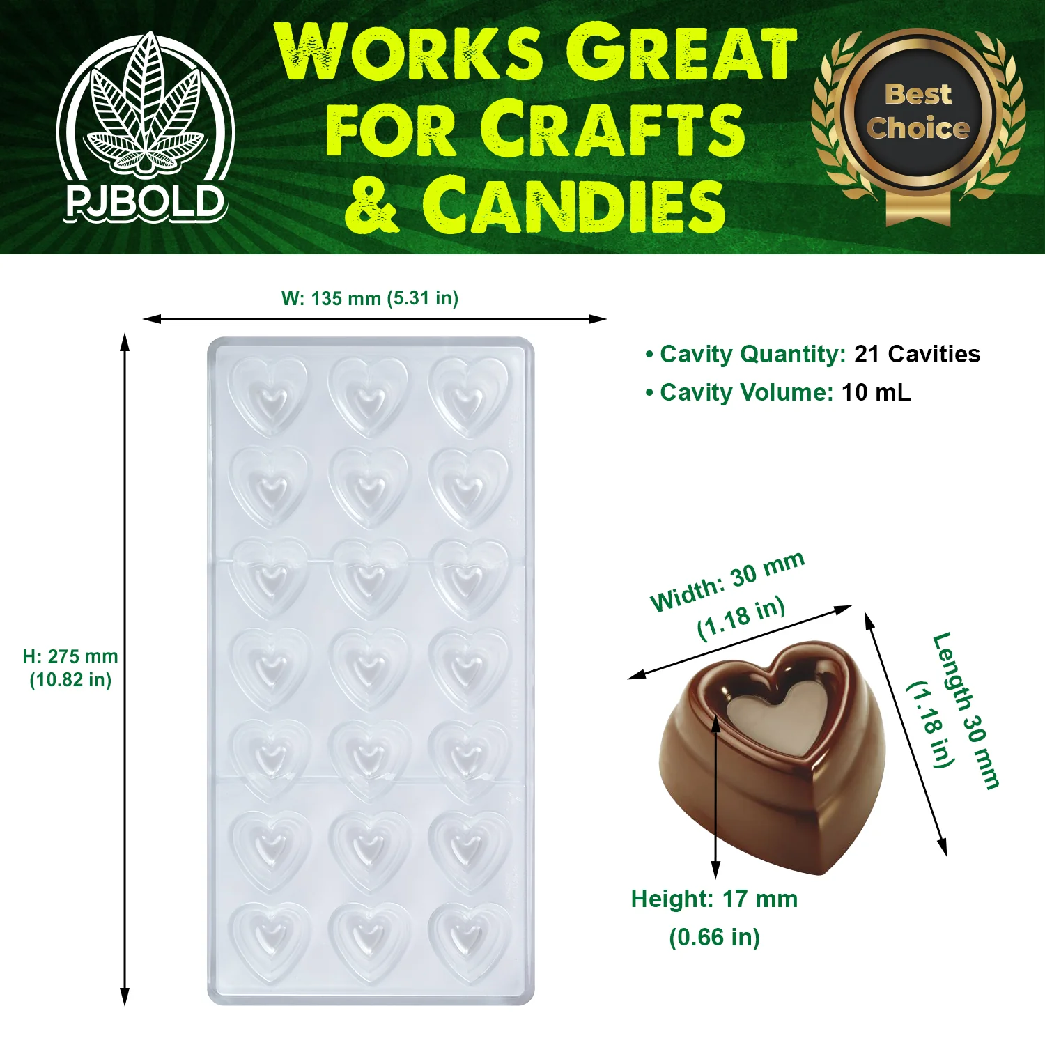 10mL Heart Mold, 21 Cavity, Polycarbonate P1001