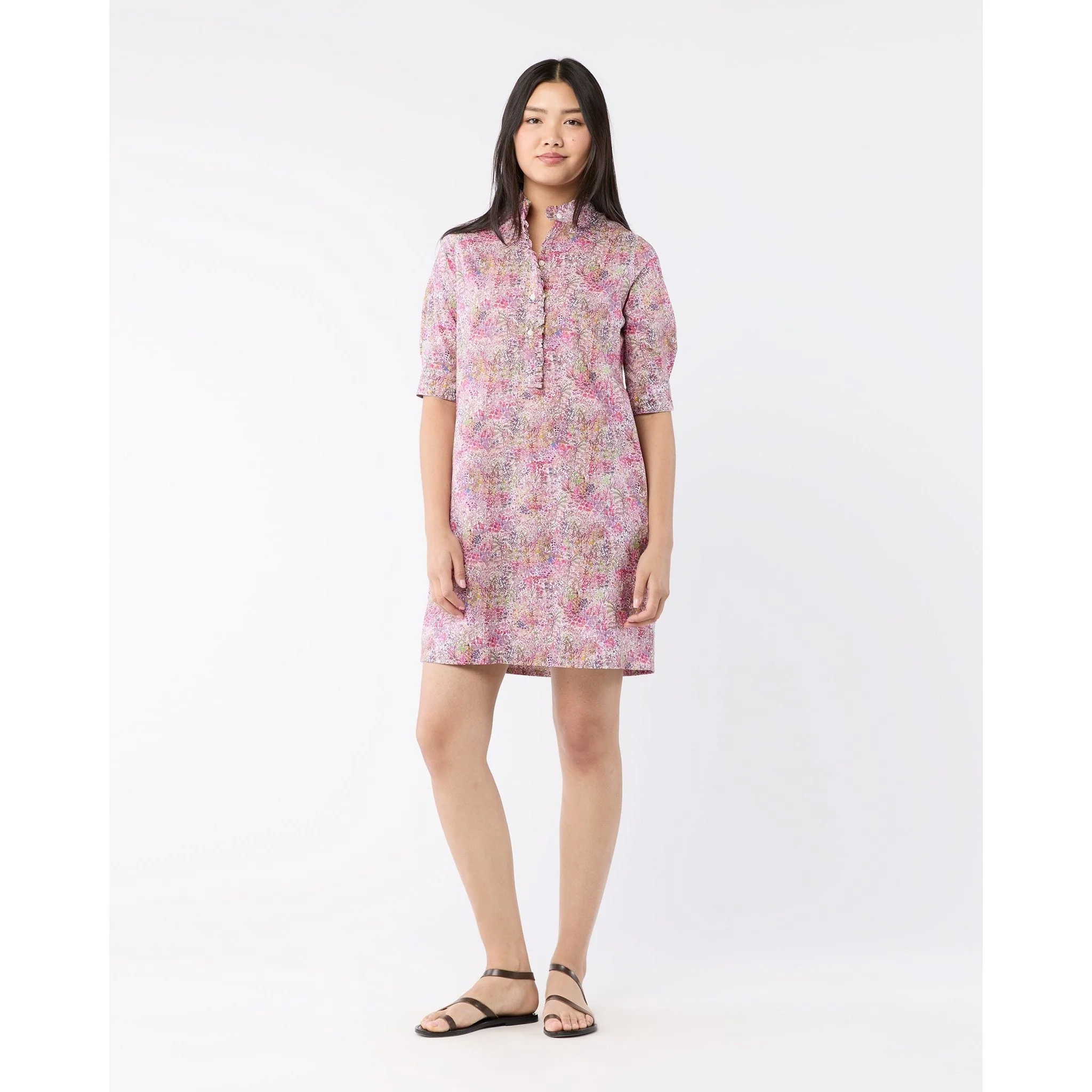 Elbow-Sleeve Frill Dress Orchid Fields Of Eden Liberty Fabric