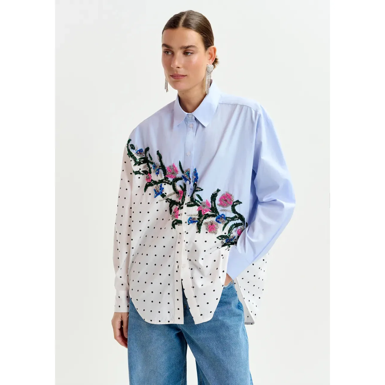 Cotton shirt with sequin flowers and polka dot contrast