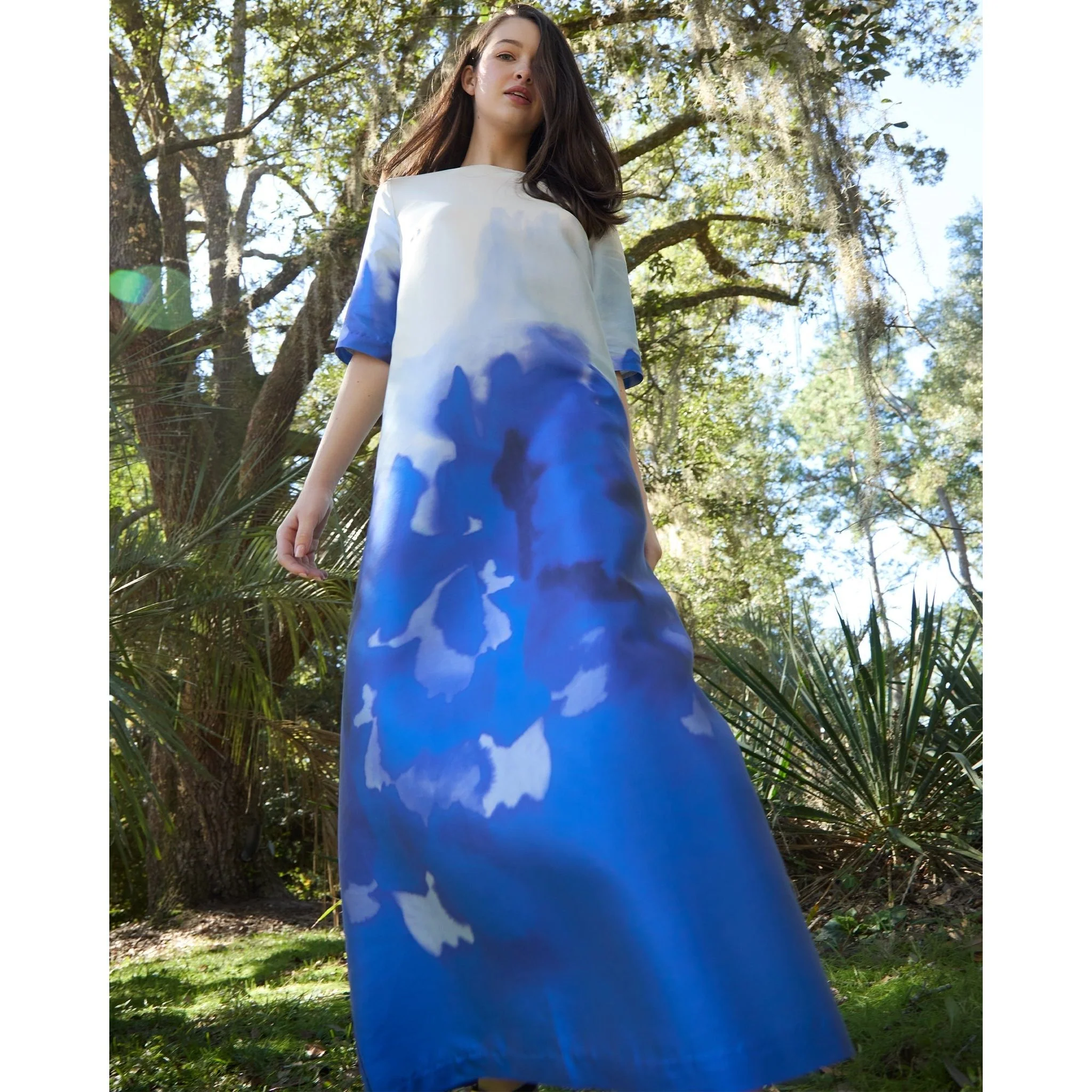 Paige Maxi Dress Blue Watercolor Printed Mikado