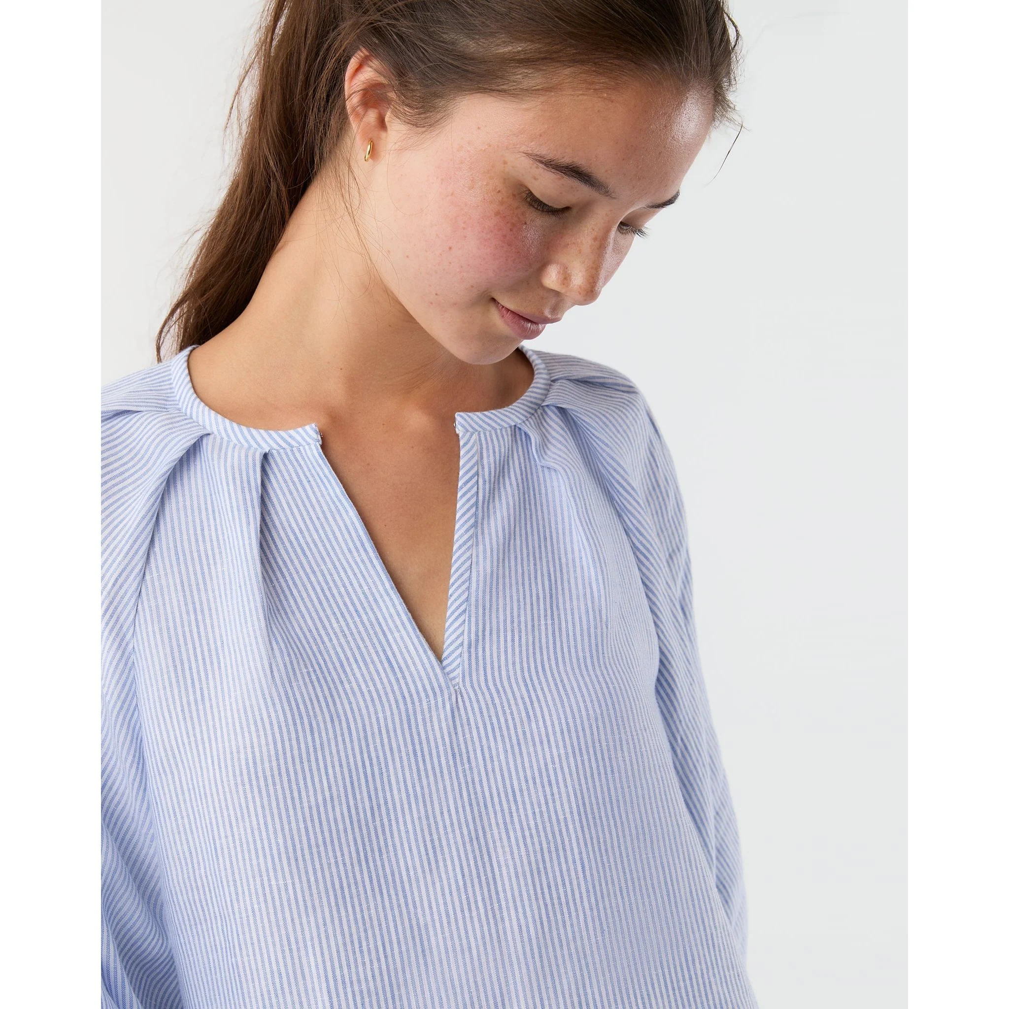 Victoria Blouse Sky/White Small Bengal Stripe Linen
