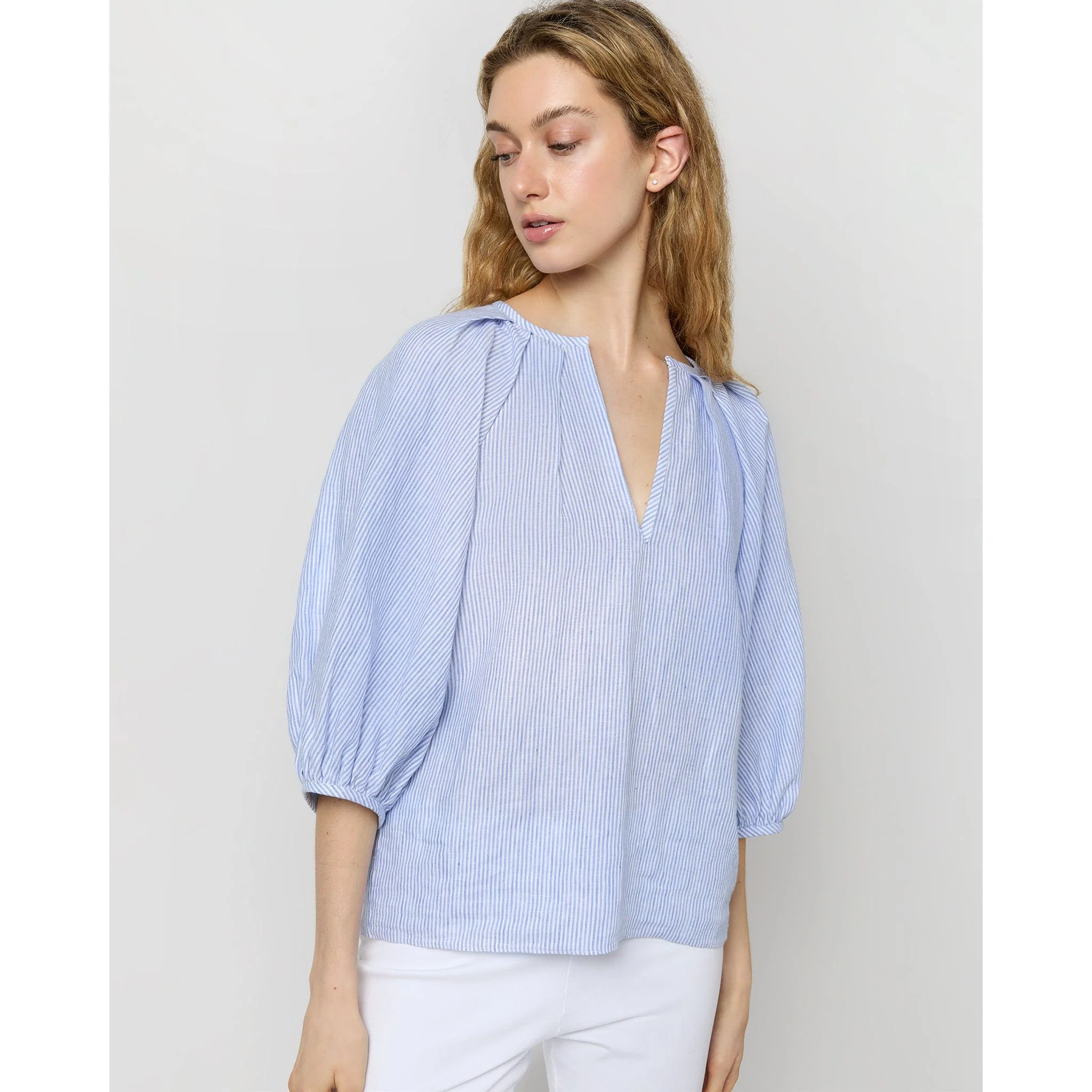 Victoria Blouse Sky/White Small Bengal Stripe Linen