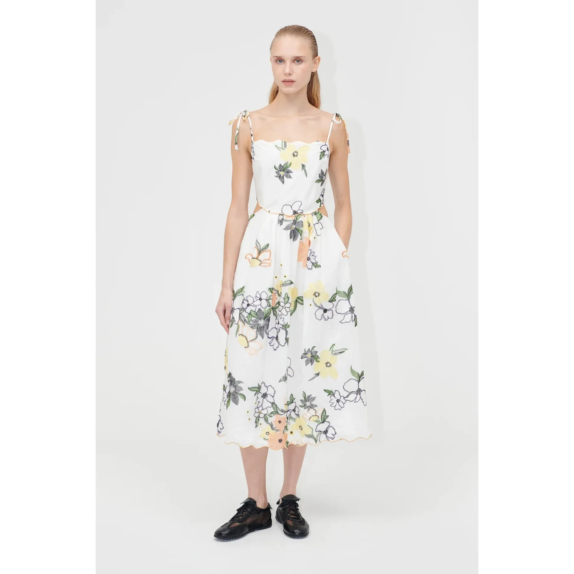 Scalloped Cut Out Dress - Wild Flowers Embroidery