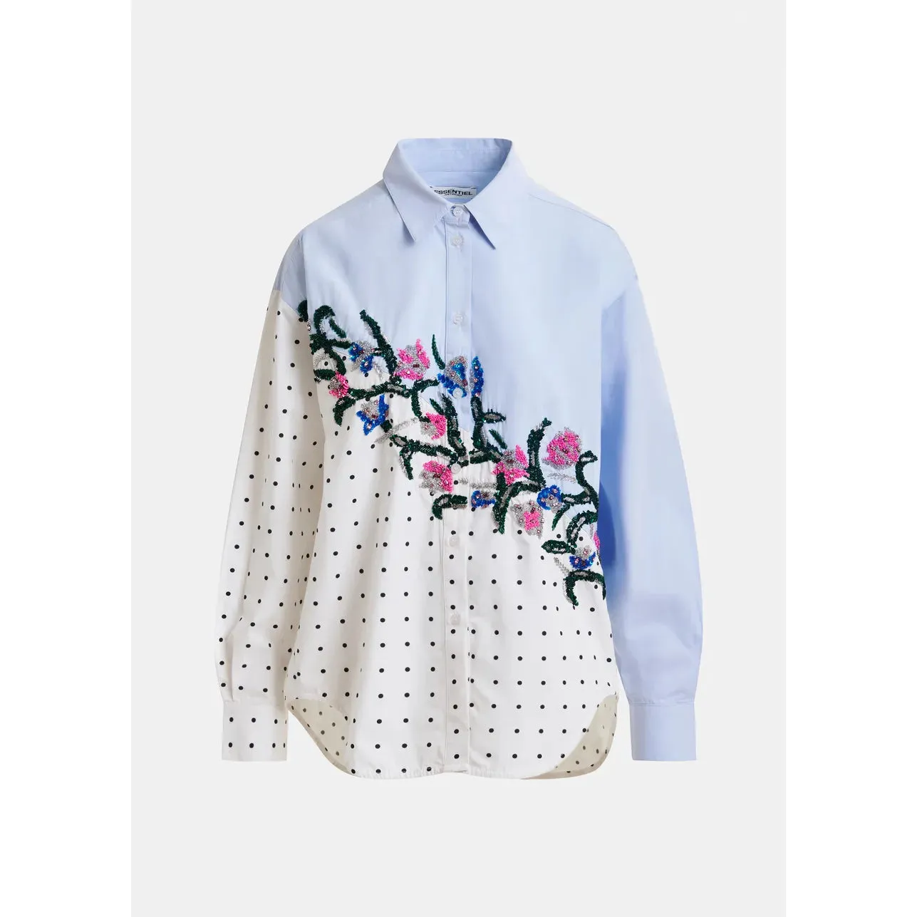 Cotton shirt with sequin flowers and polka dot contrast