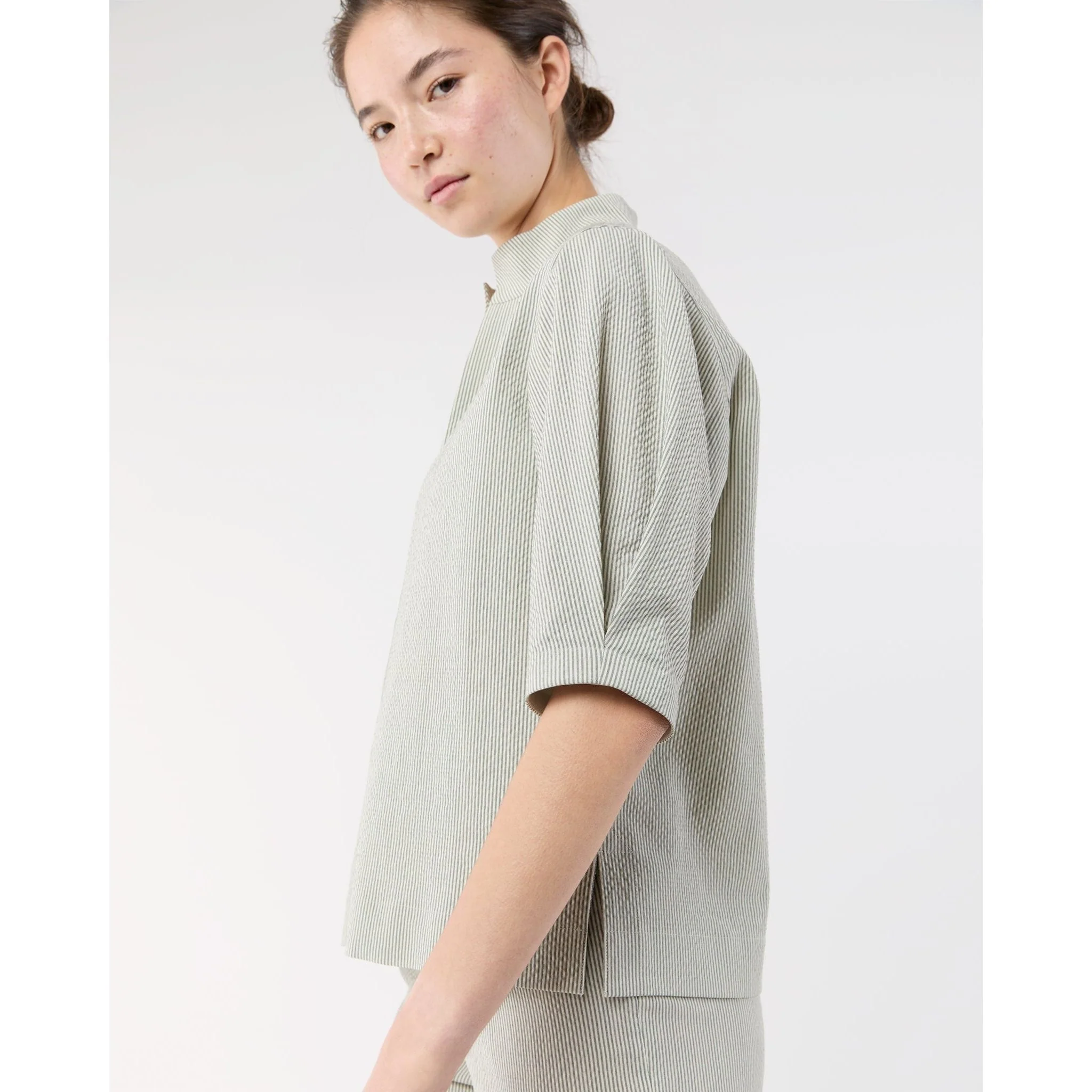 Violetta Top Olive Small Bengal Stripe Stretch Seersucker