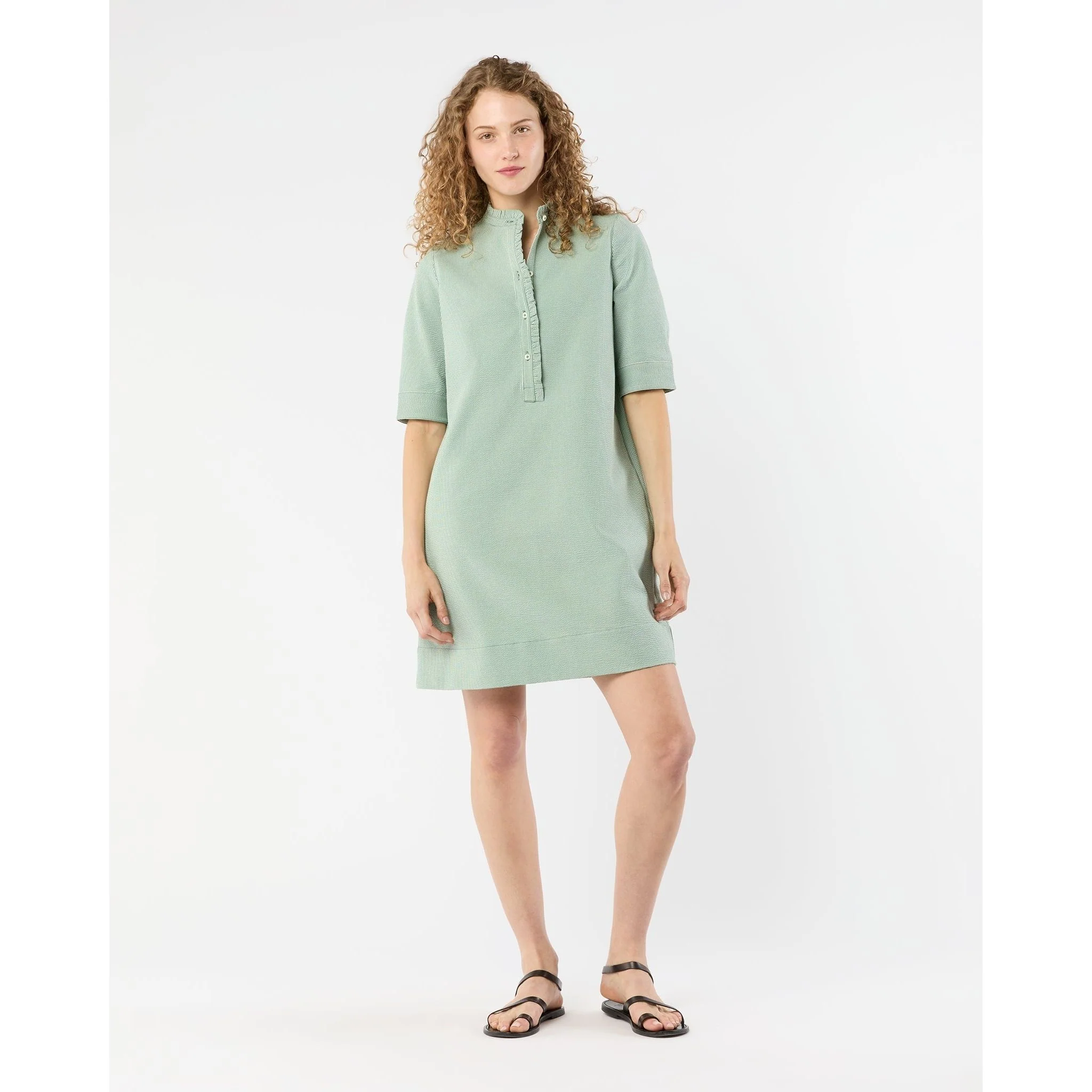 Elbow-Sleeve Frill Dress Green/White Small Bengal Stripe Stretch Seersucker