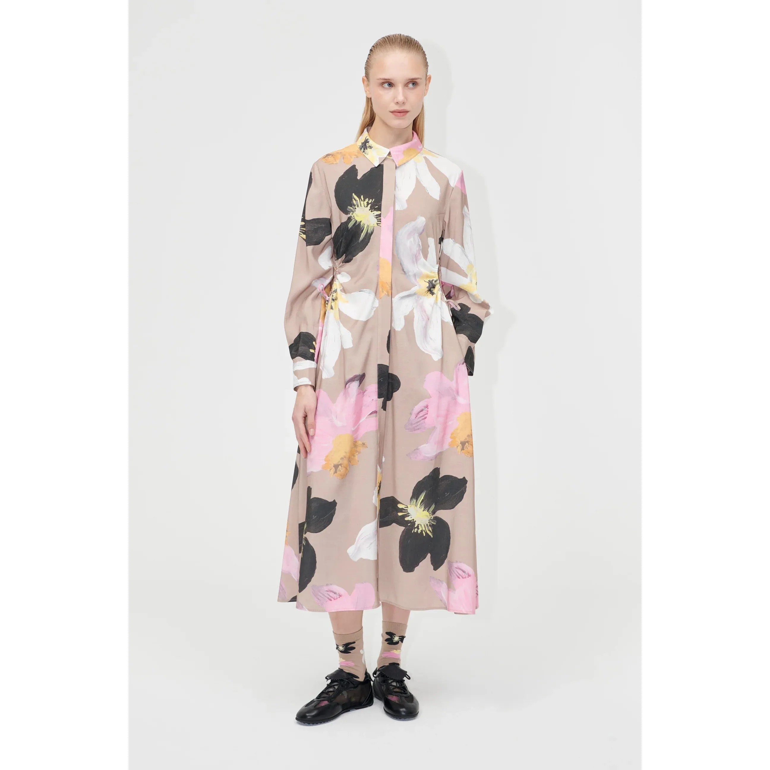 Waist Gather Shirt Midi Dress - Wild Flowers