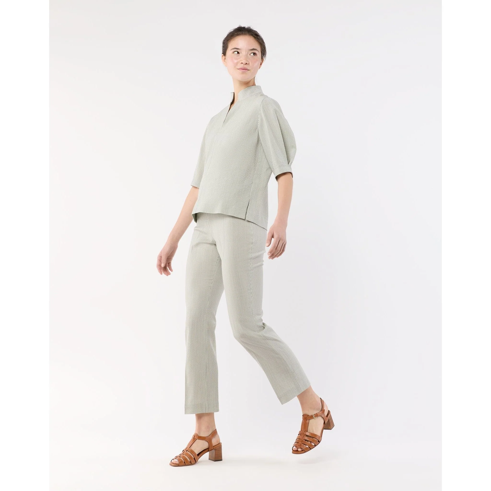Fayette Flare Cropped Pant Olive Small Bengal Stripe Stretch Seersucker