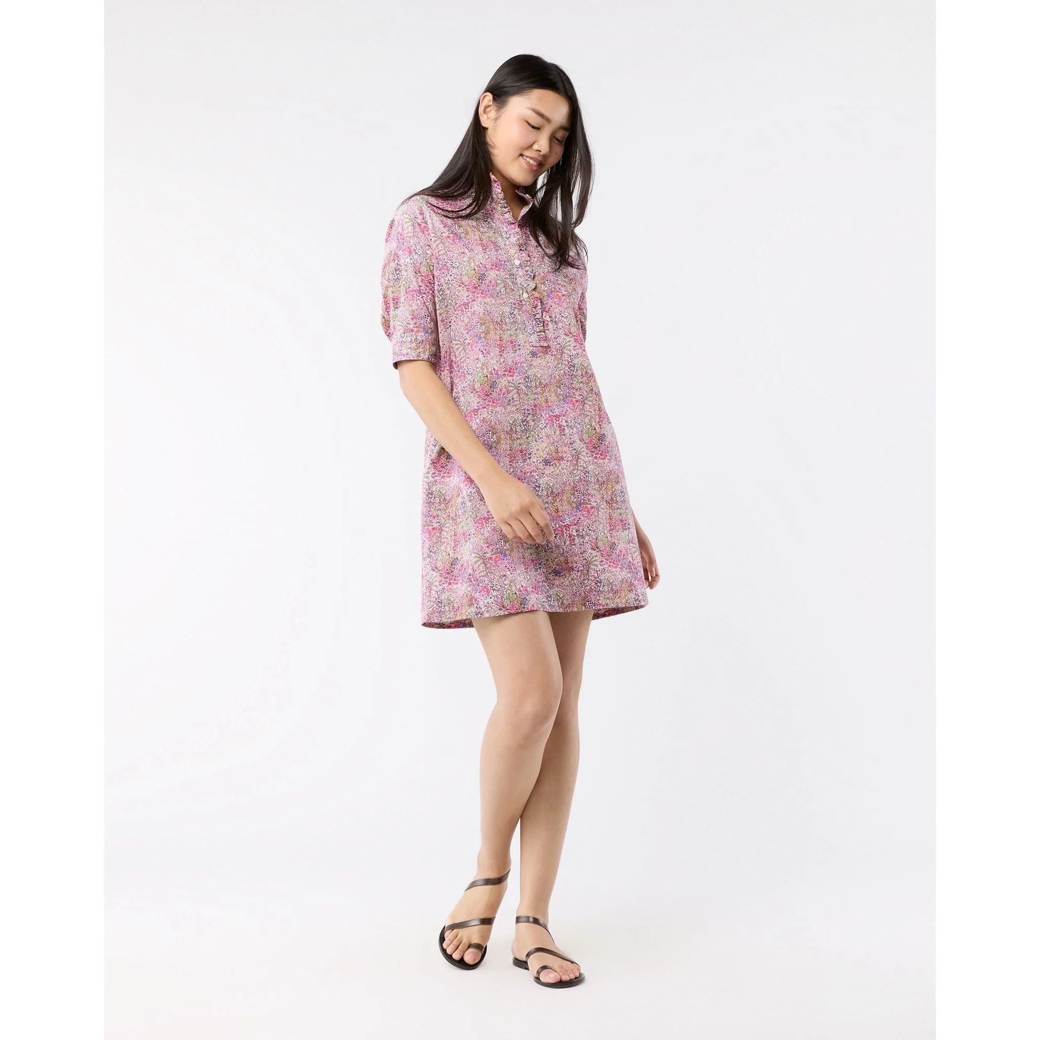 Elbow-Sleeve Frill Dress Orchid Fields Of Eden Liberty Fabric