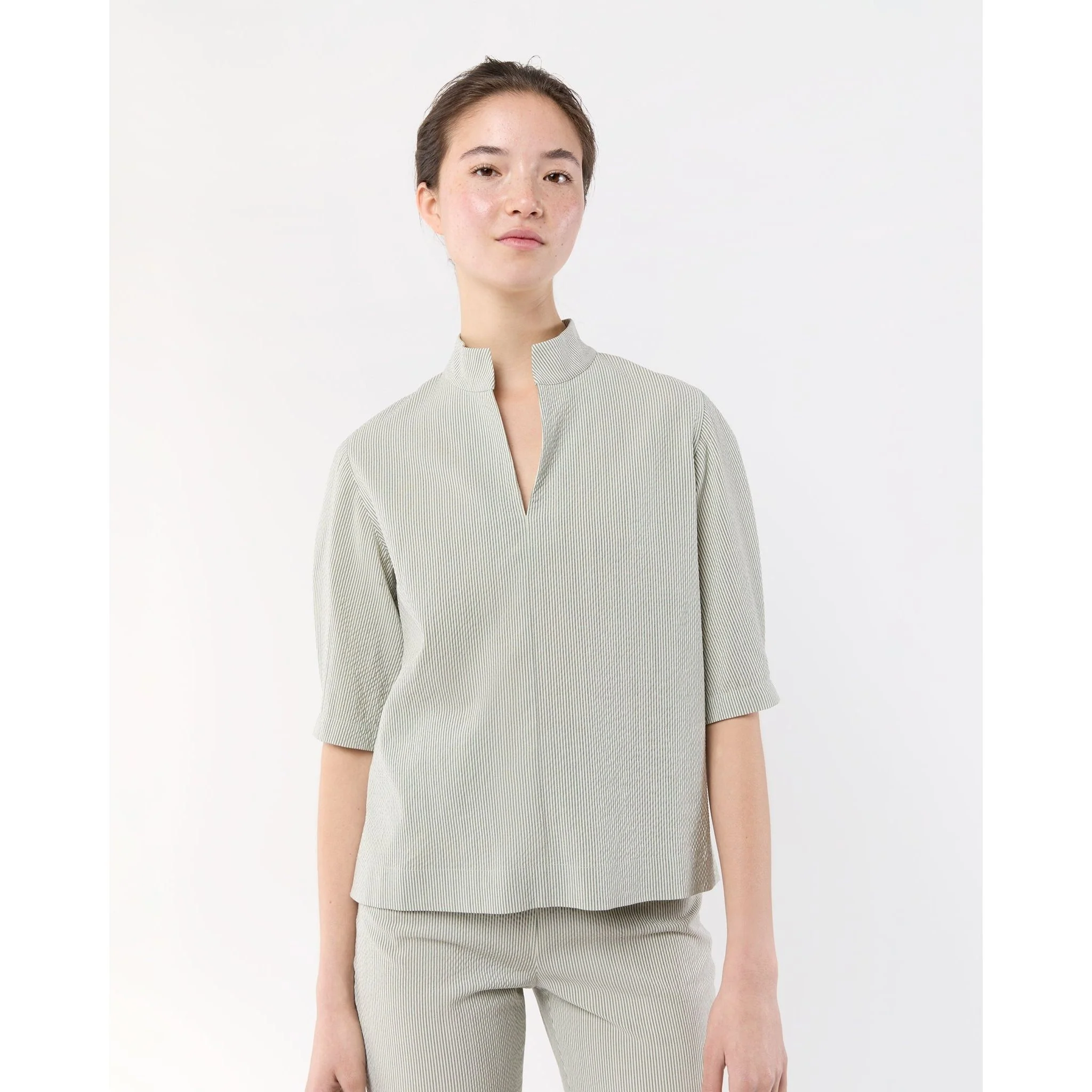 Violetta Top Olive Small Bengal Stripe Stretch Seersucker