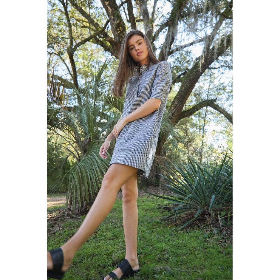 Elbow Sleeve Frill Dress Navy/Ivory Small Gingham Silk Shantung