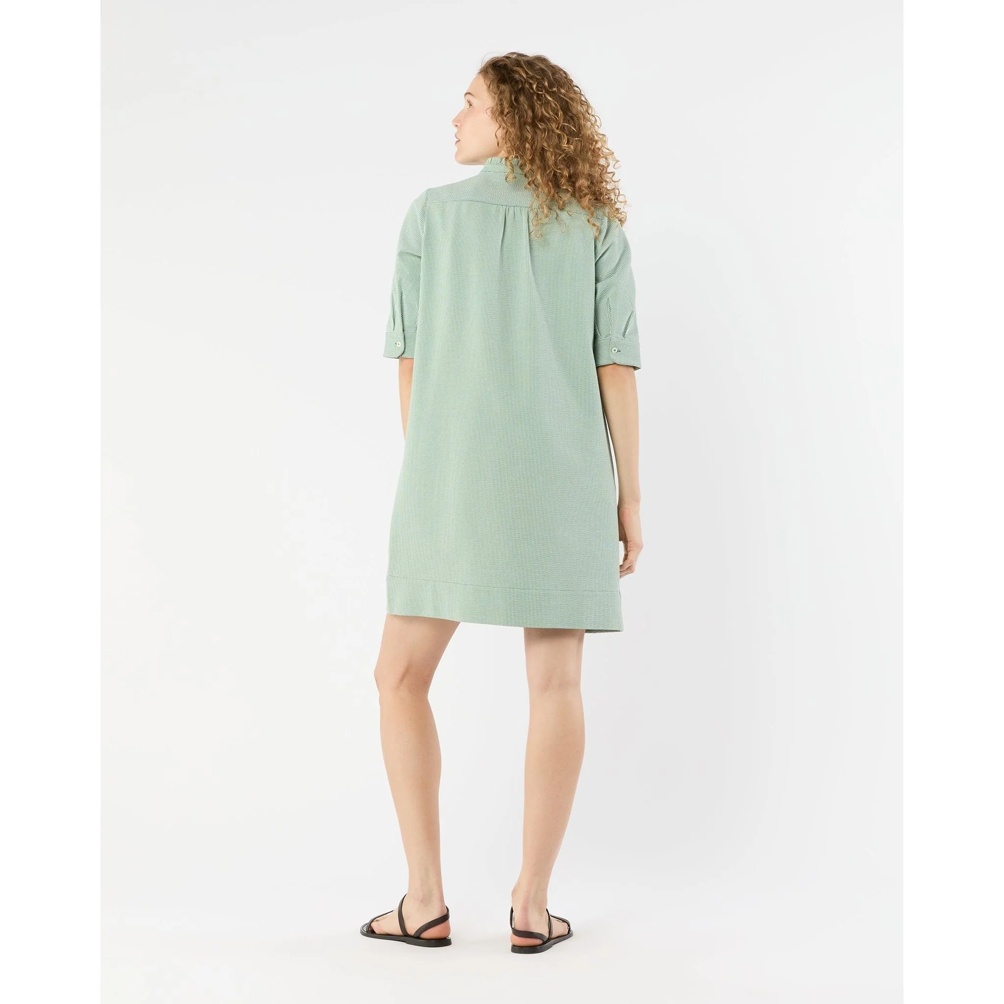 Elbow-Sleeve Frill Dress Green/White Small Bengal Stripe Stretch Seersucker