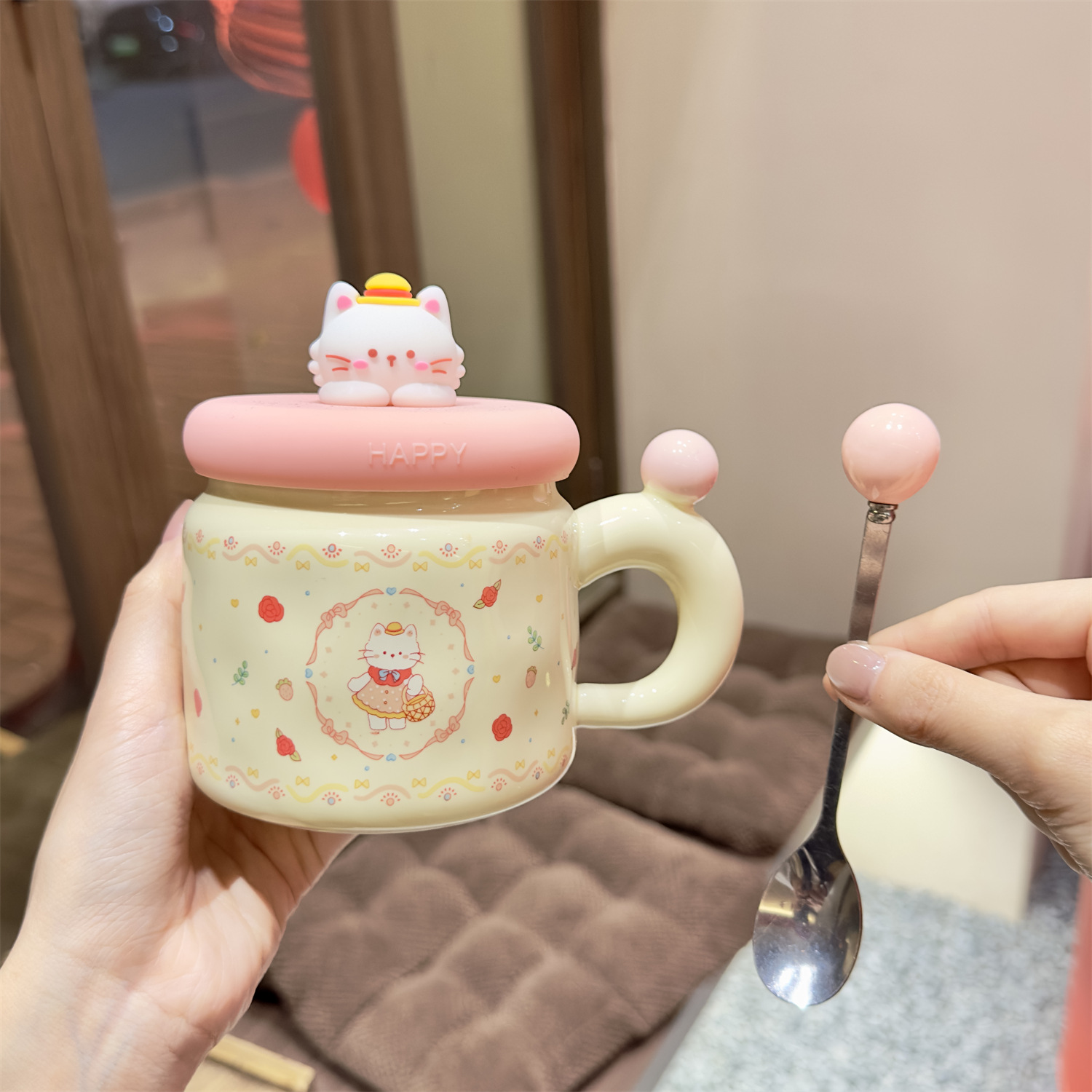 Bear Lid Ceramic Mug with Spoon