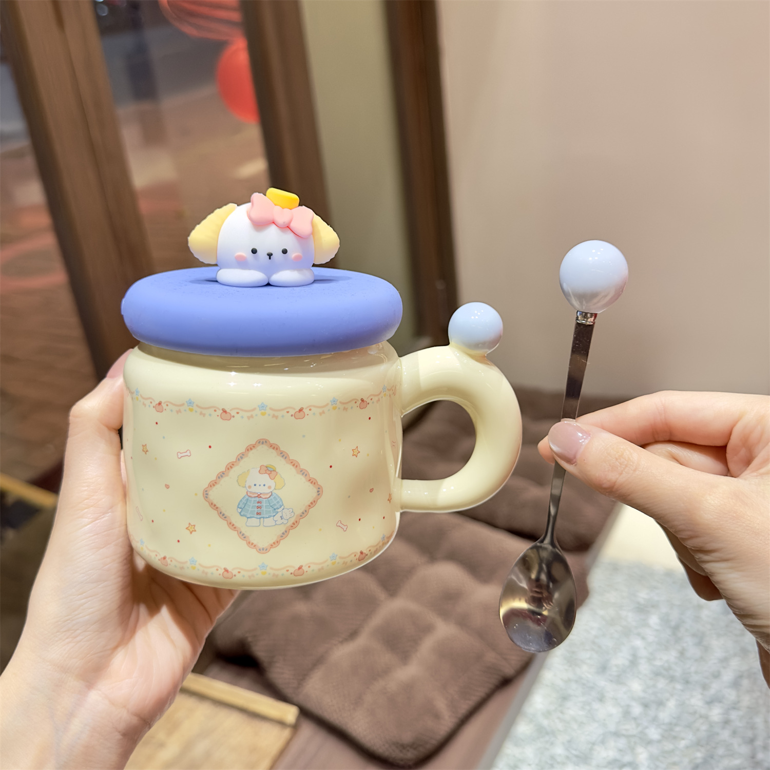 Bear Lid Ceramic Mug with Spoon