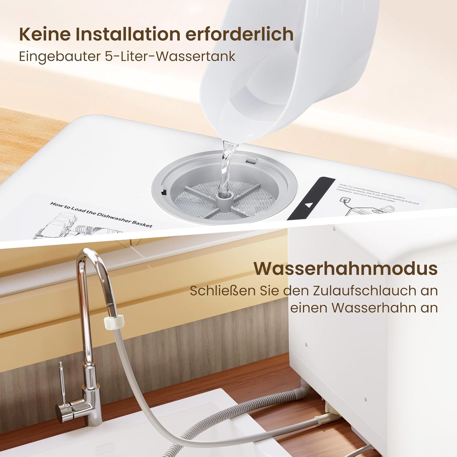 HAVA Tischgeschirrspüler, mini Spülmaschine mit 6 Programmen und eingebautem 5-Liter-Wassertank, kein Anschluss erforderlich, Babybedarfs- und Lufttrocknungsfunktion für Wohnungen und Wohnmobile