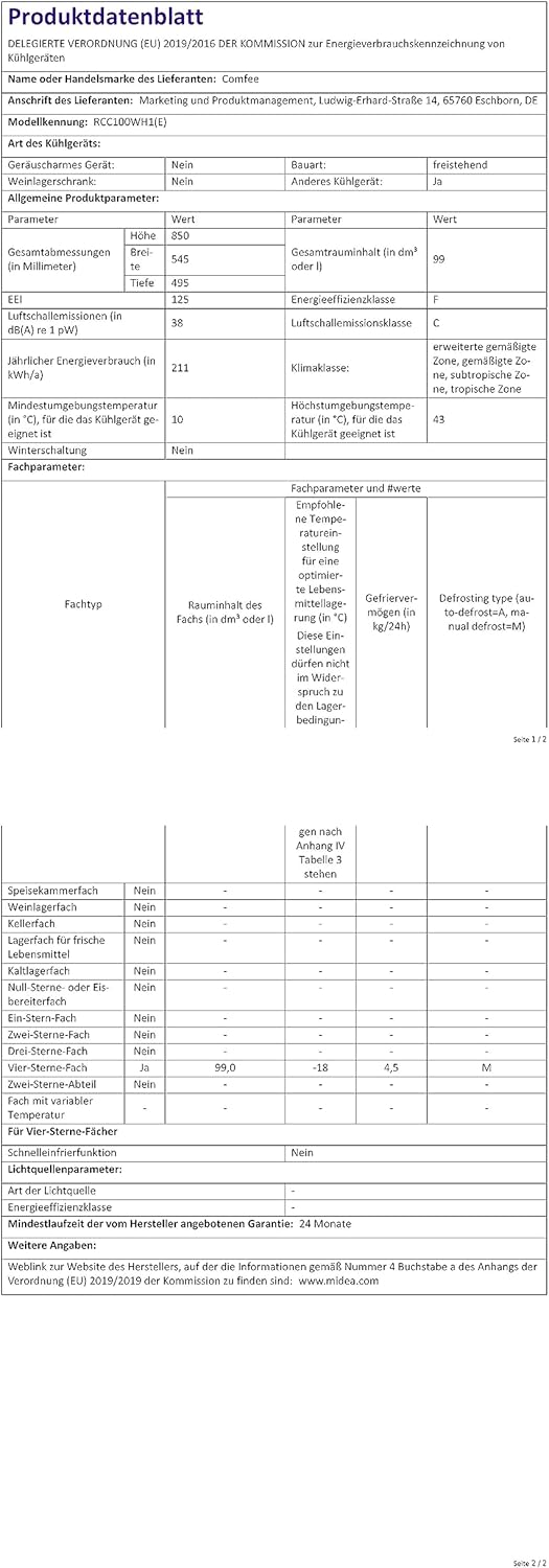 Comfee RCC100WH2(E) Gefriertruhe/169 kWh/Jahr/85cm hoch/99L/38dB/Geringe Lautstärke/Hoch effizientesD-förmigesRohr/Geeignet für verschiedene Einsatzszenarien/Einstellbarer Temperaturregler/Weiß