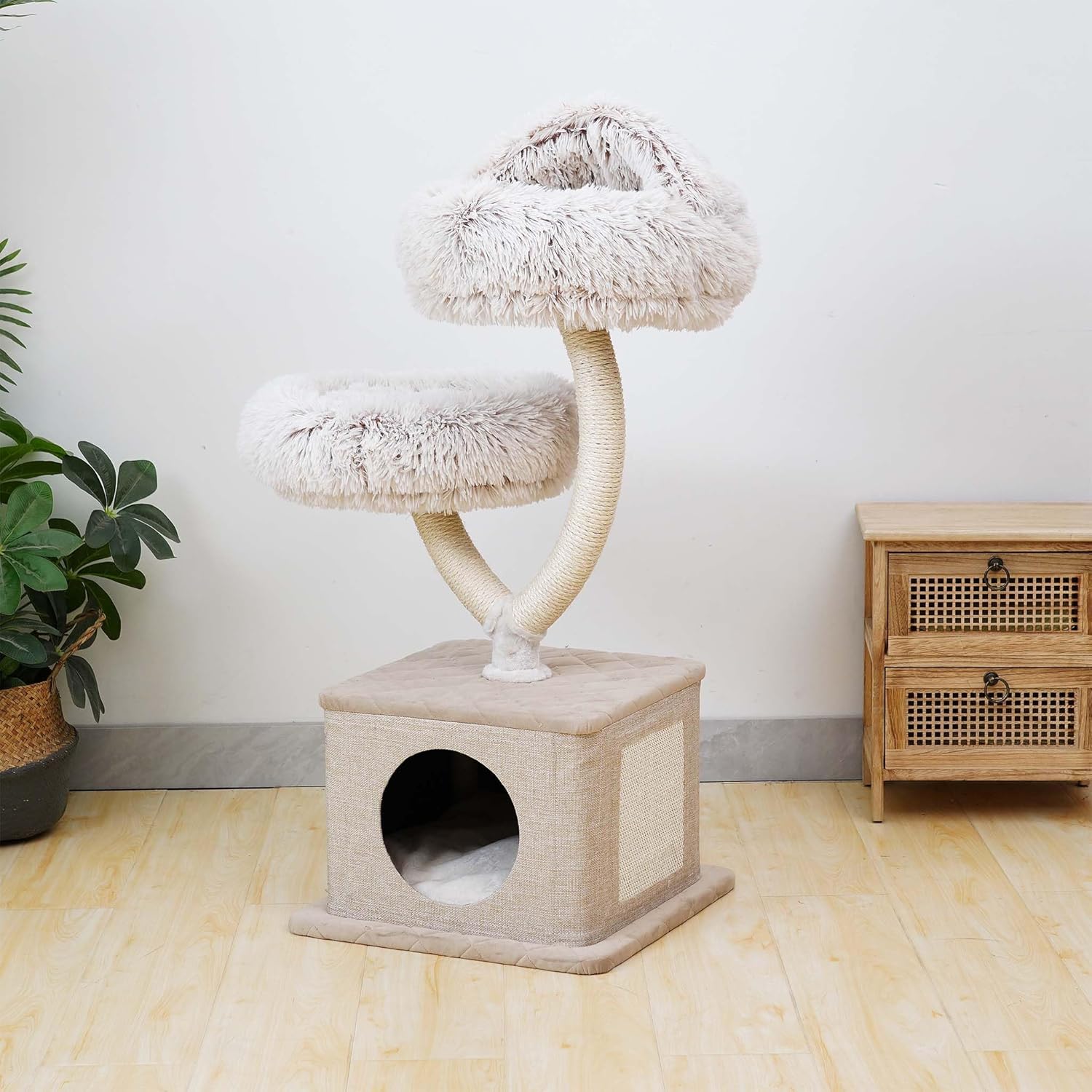 Fudajo Designer Kratzbaum in Zweigdesign 130 cm hoch, Katzenkratzbaum mit Plüsch und Sisal, Kletterbaum für Katzen, Katzenbaum mit Hängeliege