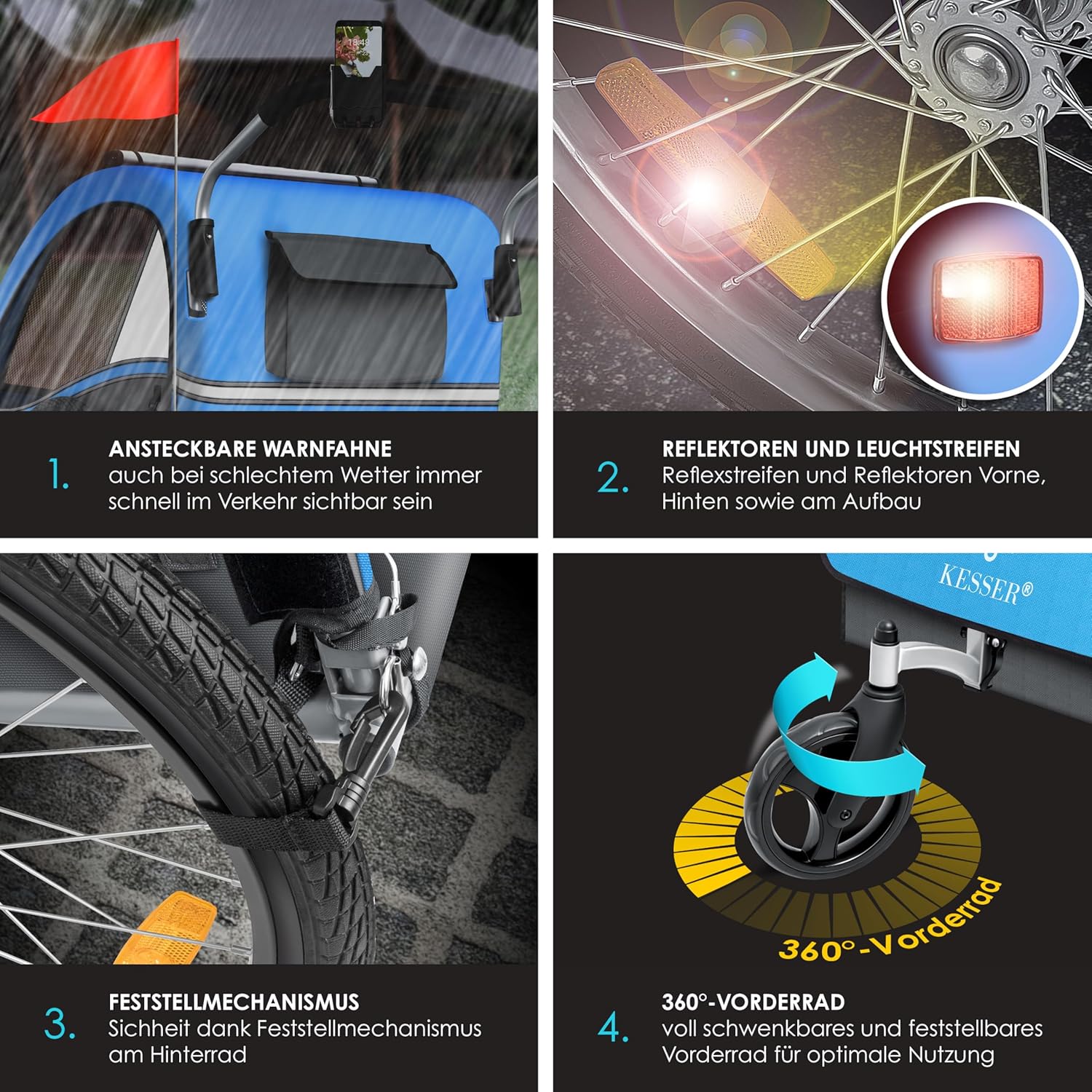 KESSER Kinderfahrradanhänger Sport-RX 2in1 Jogger & Buggy 5-Punkt-Gurt Sicherheitsgurt 360° Vorderrad Kinderfahrradanhänger Reflektoren für 1-2 Kinder (max. 40 kg) Getränkehalter & Smartphonefach