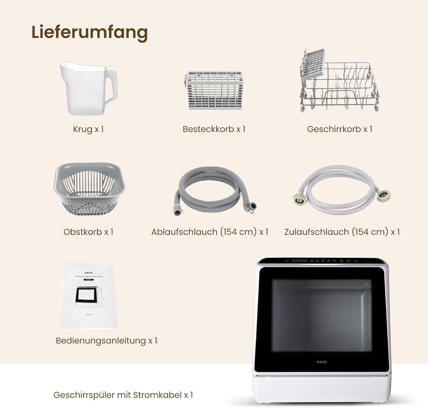 HAVA Tischgeschirrspüler, mini Spülmaschine mit 6 Programmen und eingebautem 5-Liter-Wassertank, kein Anschluss erforderlich, Babybedarfs- und Lufttrocknungsfunktion für Wohnungen und Wohnmobile