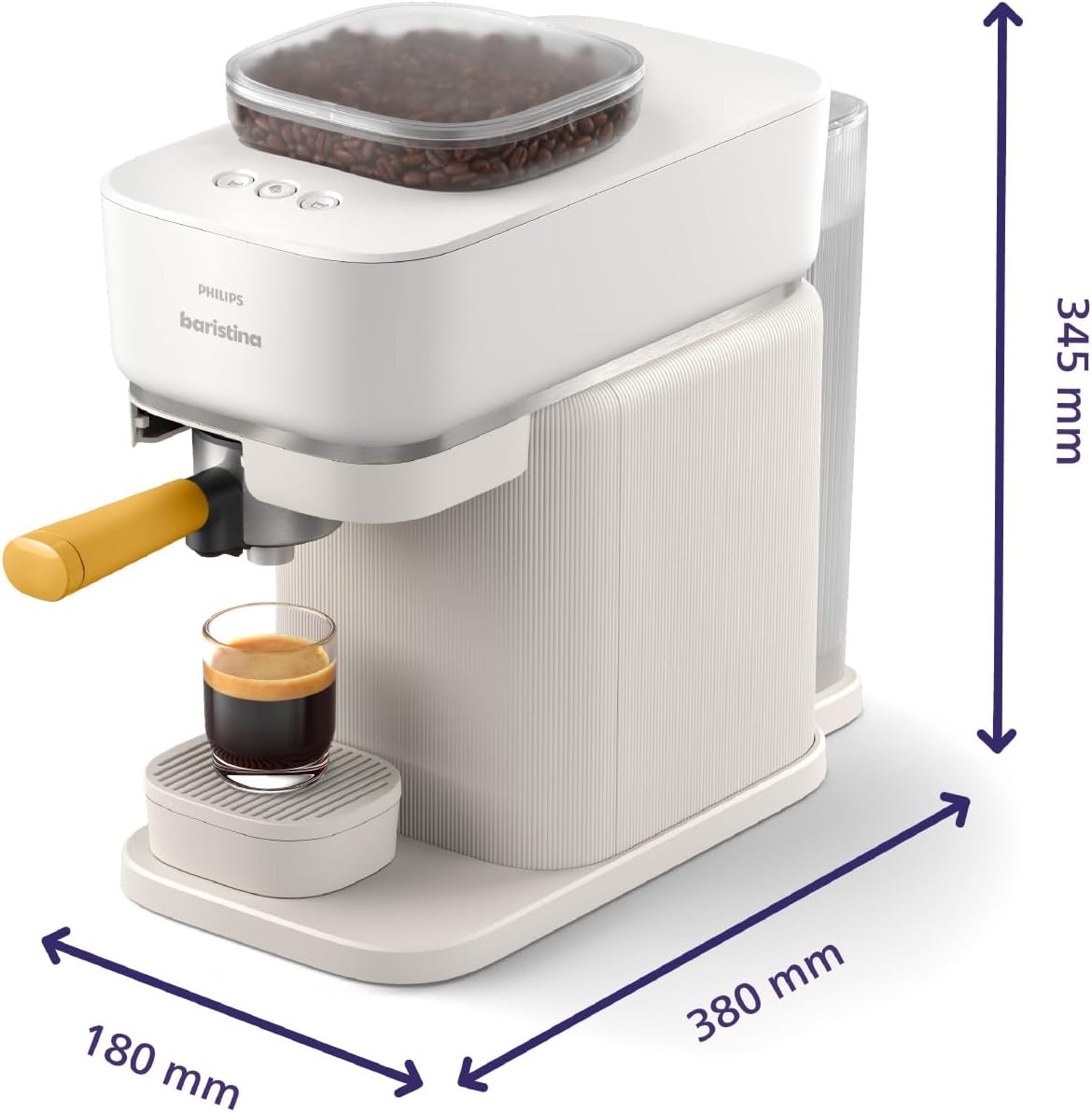 Philips Baristina Espressomaschine - Real Espresso- made simple. Kompakte Kaffeemaschine- Naturweiß mit weißem Siebträger- 16-bar-Pumpendruck- automatisches Mahlwerk- Cafe Crema (BAR300/00)