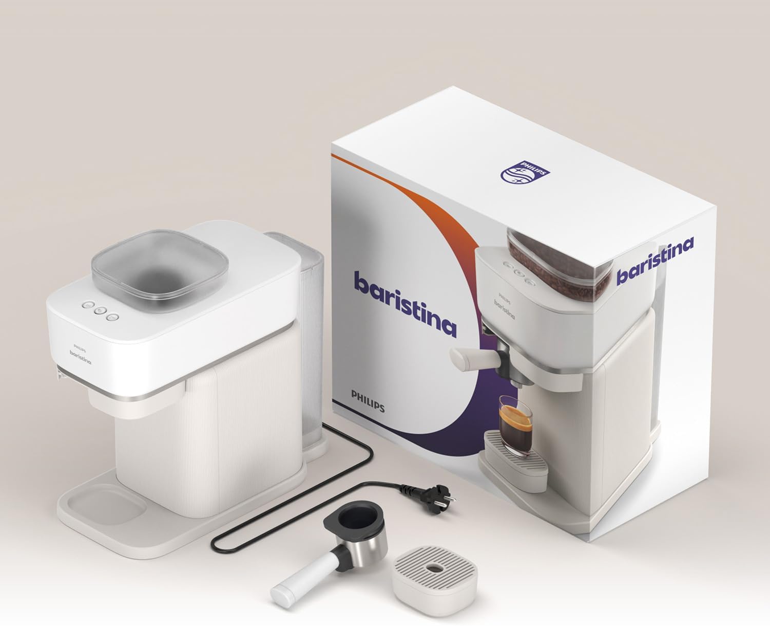 Philips Baristina Espressomaschine - Real Espresso- made simple. Kompakte Kaffeemaschine- Naturweiß mit weißem Siebträger- 16-bar-Pumpendruck- automatisches Mahlwerk- Cafe Crema (BAR300/00)