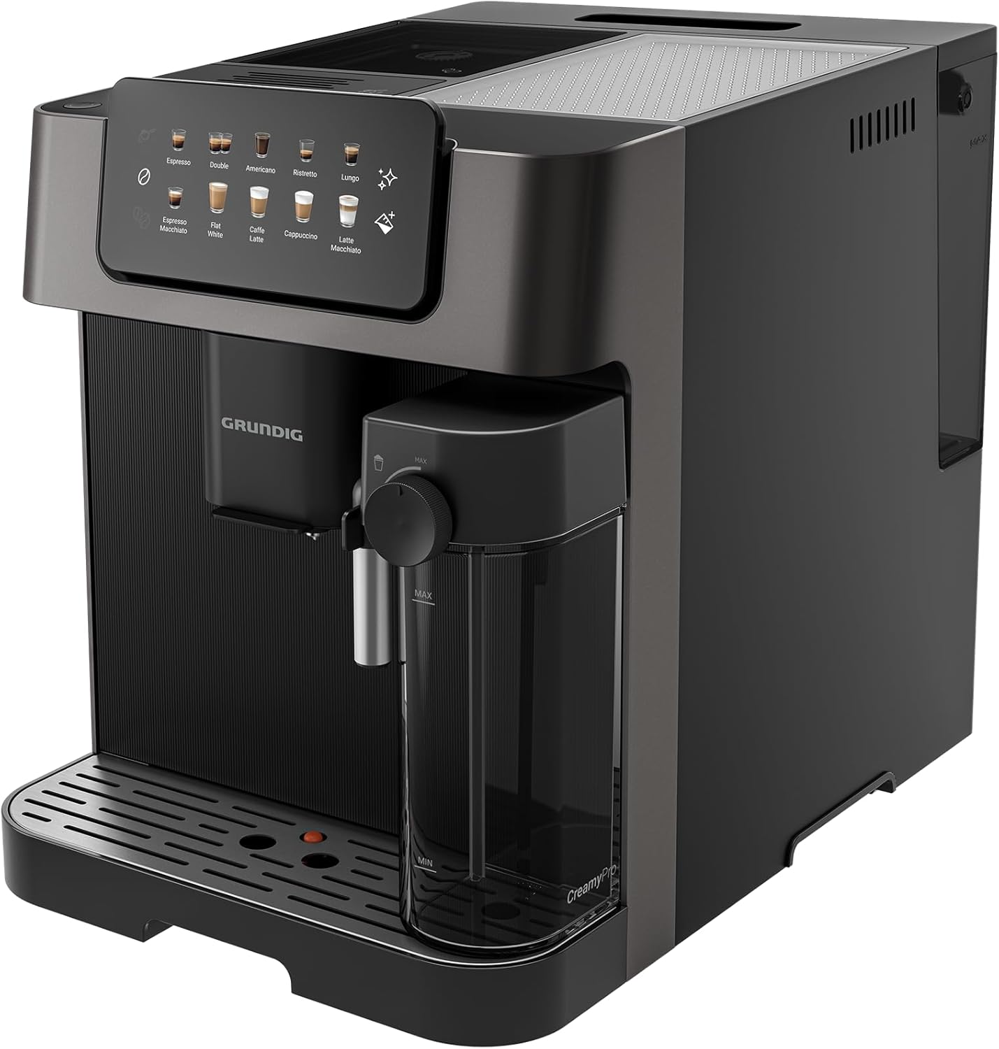 GRUNDIG KVA 7230 Kaffeevollautomat, Kaffeemaschine, 10 Kaffeespezialitäten, 13 Mahlgrade, Milchbehälter, leistungsstark 1350 W, 19 Bar Pumpendruck, Zweifachdüse, Beleuchtung, Schwarz/Dunkelsilber