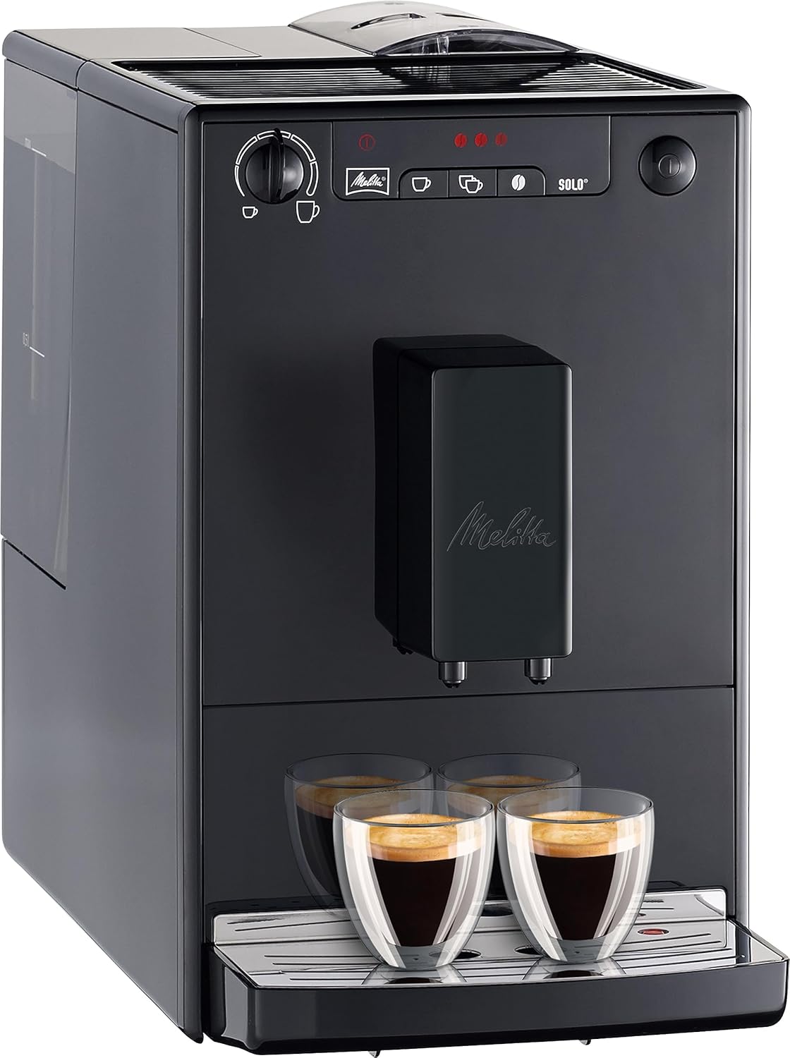 Melitta Solo - Kaffeevollautomat mit höhenverstellbarem Auslauf, kleine Kaffeemaschine mit abnehmbarem Wassertank, für z. B. Espresso oder Café Crème, silber