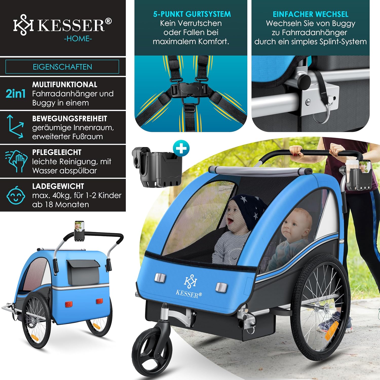 KESSER Kinderfahrradanhänger Sport-RX 2in1 Jogger & Buggy 5-Punkt-Gurt Sicherheitsgurt 360° Vorderrad Kinderfahrradanhänger Reflektoren für 1-2 Kinder (max. 40 kg) Getränkehalter & Smartphonefach