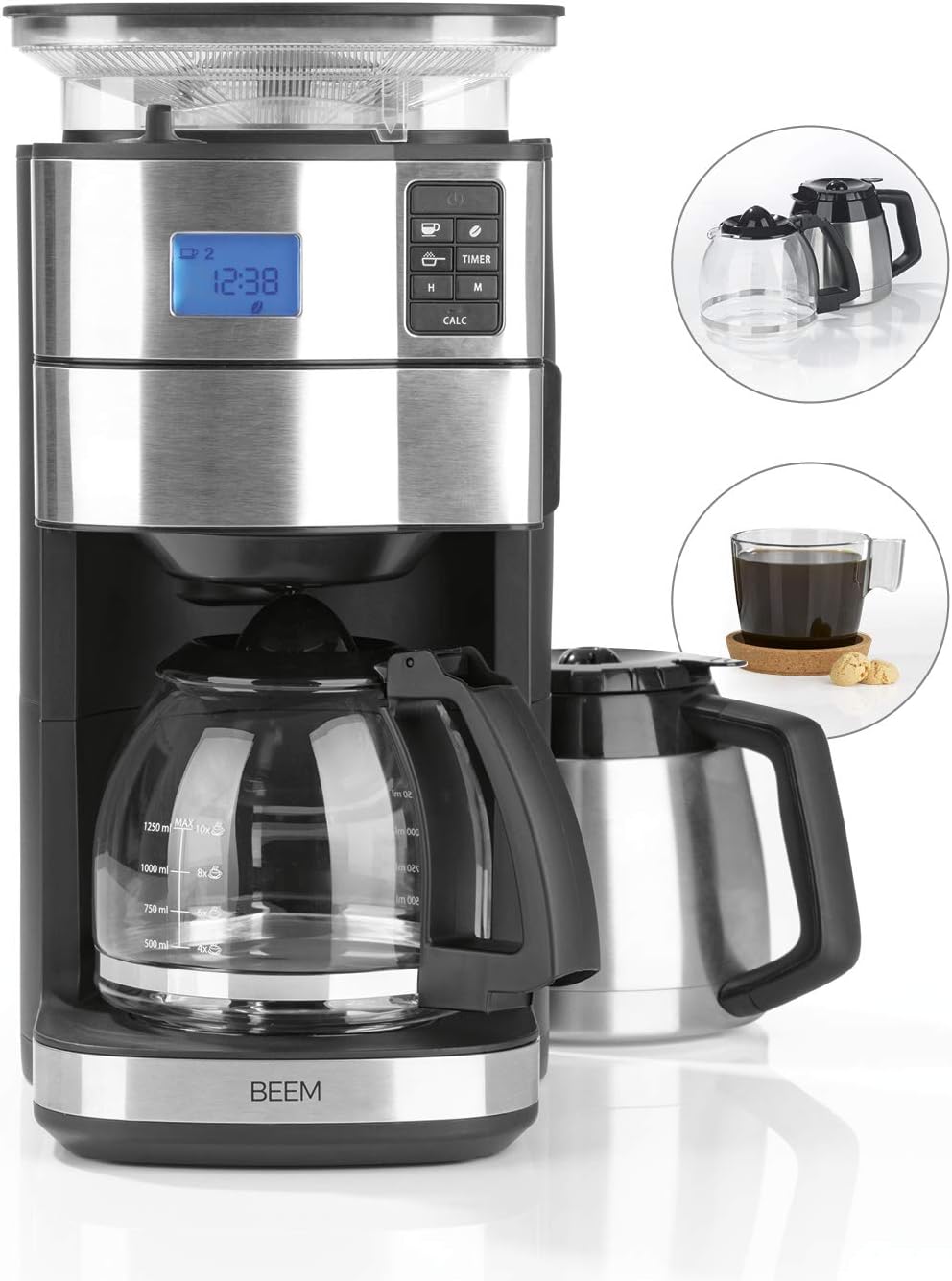 BEEM FRESH-AROMA-PERFECT II Filterkaffeemaschine mit Mahlwerk - Thermo | Edelstahl | Thermokanne | 24h-Timer | 1000 W | 180 g Bohnenbehälter