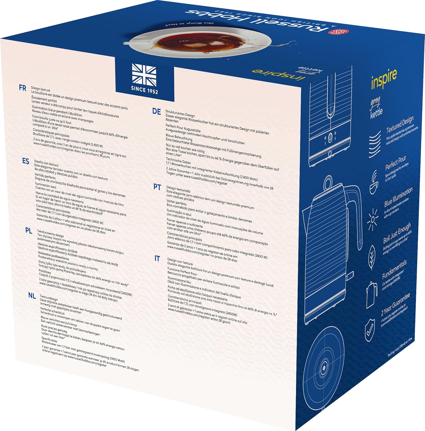 Russell Hobbs Inspire Grey Frühstückset Toaster, Wasserkocher und Kaffeemaschine