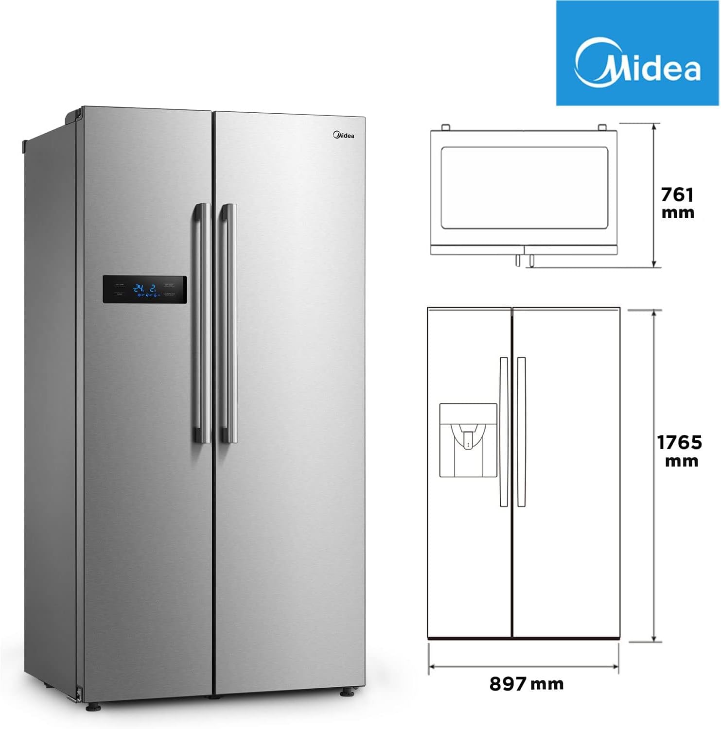 Midea KS-DDX 6.32 WT Side-by-Side Kühl-/Gefrierkombination/ 178,8 cm Hhe/ 254 kWh/Jahr/No Frost/Dual Inverter Compressor/mit 3in1 Wasser-/Eisspender und Wassertank, Dark Inox