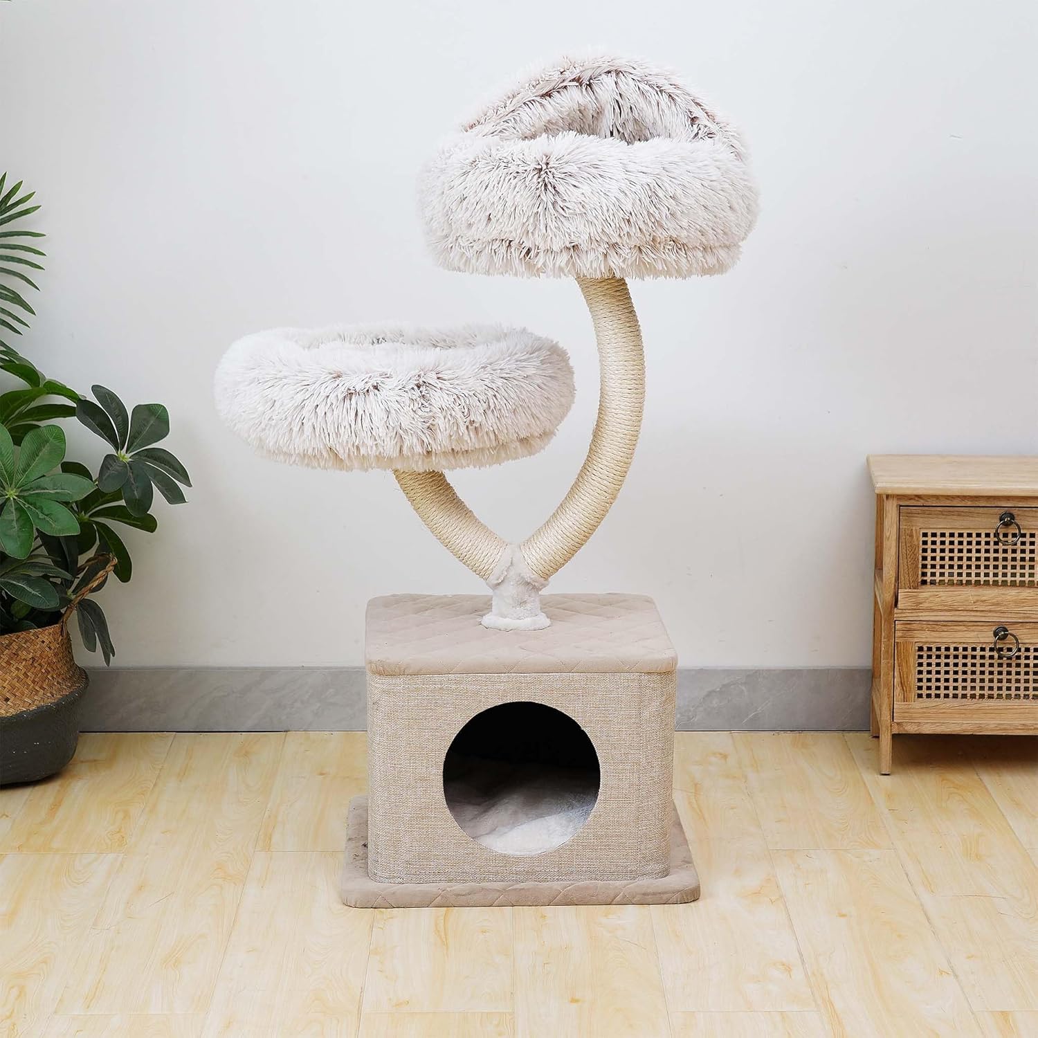 Fudajo Designer Kratzbaum in Zweigdesign 130 cm hoch, Katzenkratzbaum mit Plüsch und Sisal, Kletterbaum für Katzen, Katzenbaum mit Hängeliege