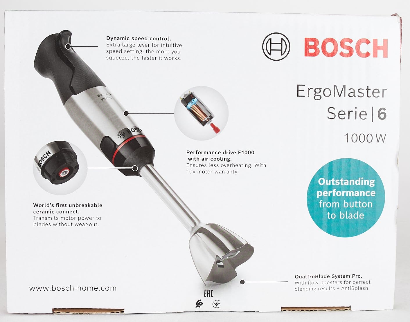 Bosch Stabmixer ErgoMaster Serie 6 MSM6M673, 10 Jahre Motorgarantie, Edelstahl-Klingen, verschleifreie Keramik-Kupplung, Luftkühlung, Zerkleinerer, Kartoffelstampfer, Schneebesen, 1000 W