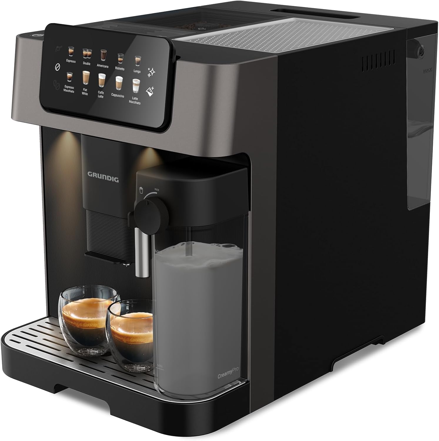 GRUNDIG KVA 7230 Kaffeevollautomat, Kaffeemaschine, 10 Kaffeespezialitäten, 13 Mahlgrade, Milchbehälter, leistungsstark 1350 W, 19 Bar Pumpendruck, Zweifachdüse, Beleuchtung, Schwarz/Dunkelsilber