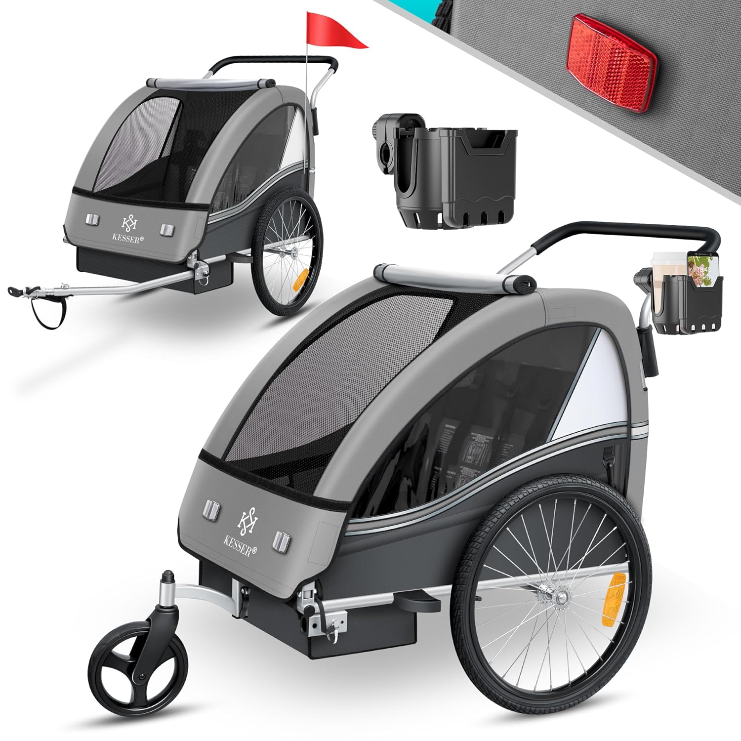 KESSER Kinderfahrradanhänger Sport-RX 2in1 Jogger & Buggy 5-Punkt-Gurt Sicherheitsgurt 360° Vorderrad Kinderfahrradanhänger Reflektoren für 1-2 Kinder (max. 40 kg) Getränkehalter & Smartphonefach
