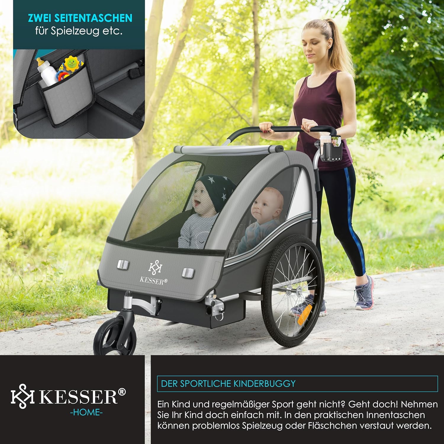 KESSER Kinderfahrradanhänger Sport-RX 2in1 Jogger & Buggy 5-Punkt-Gurt Sicherheitsgurt 360° Vorderrad Kinderfahrradanhänger Reflektoren für 1-2 Kinder (max. 40 kg) Getränkehalter & Smartphonefach