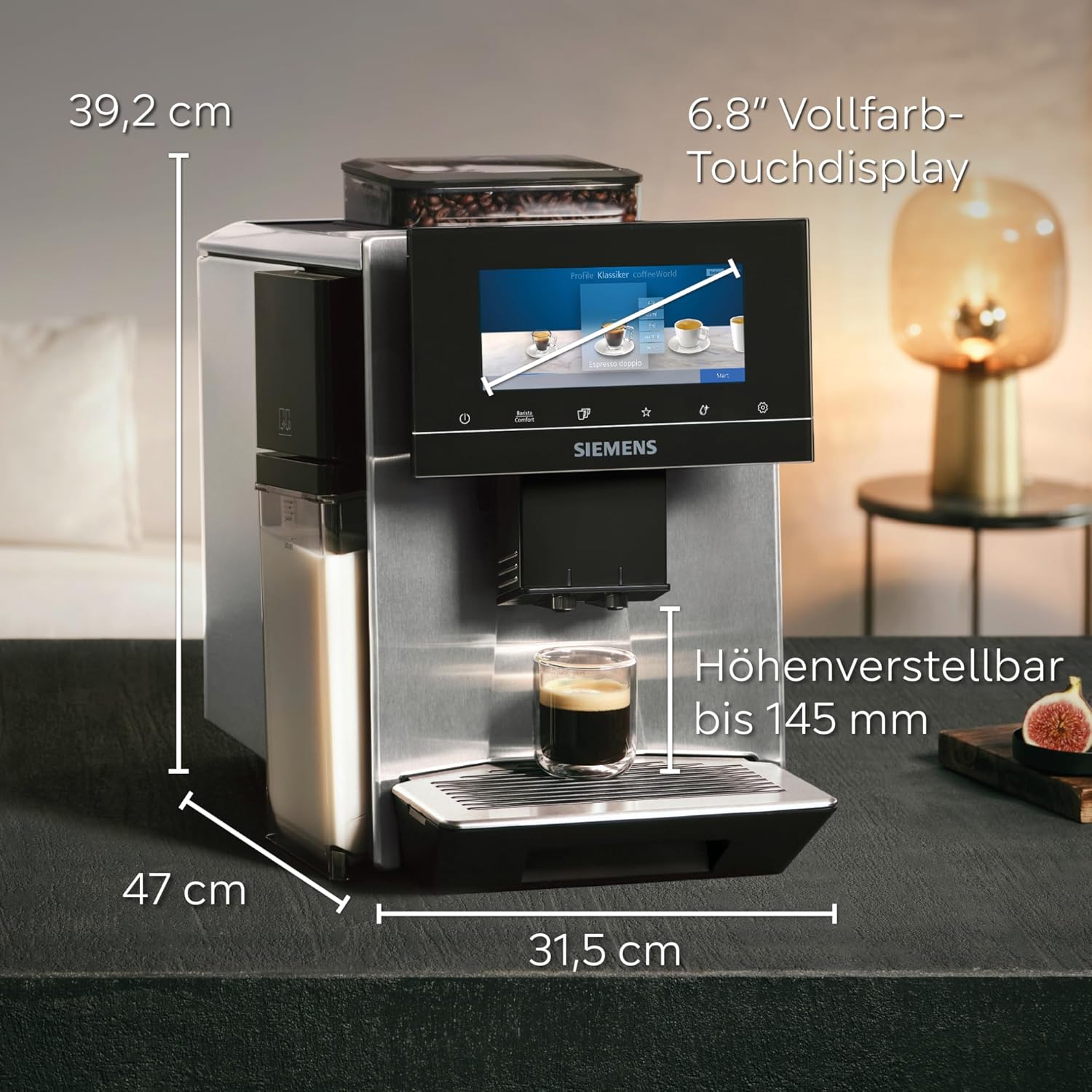 Siemens Kaffeevollautomat EQ900 TQ903D03, App-Steuerung, intuitives Full-Touch-Display, Barista-Modus, AromaBoost, Geräuschreduzierung, Premiummahlwerk, automatische Dampfreinigung, 1500 W, edelstahl