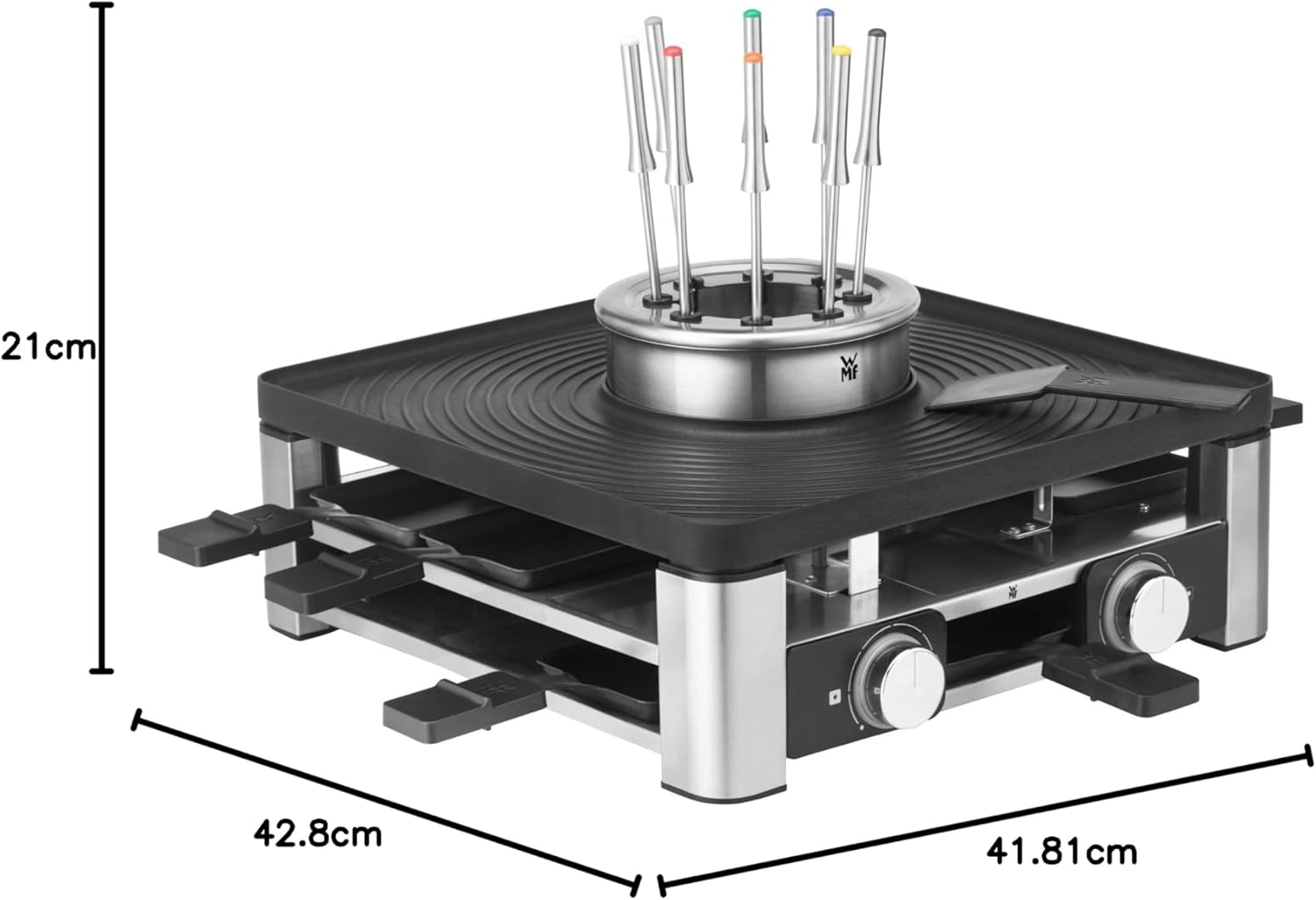 WMF Lumero 3in1 Gourmet Station für 8 Personen, Raclette Fondue Kombi, elektrisch, Temperaturregulierung, Beleuchtung, 1800 Watt, platzsparend, edelstahl matt