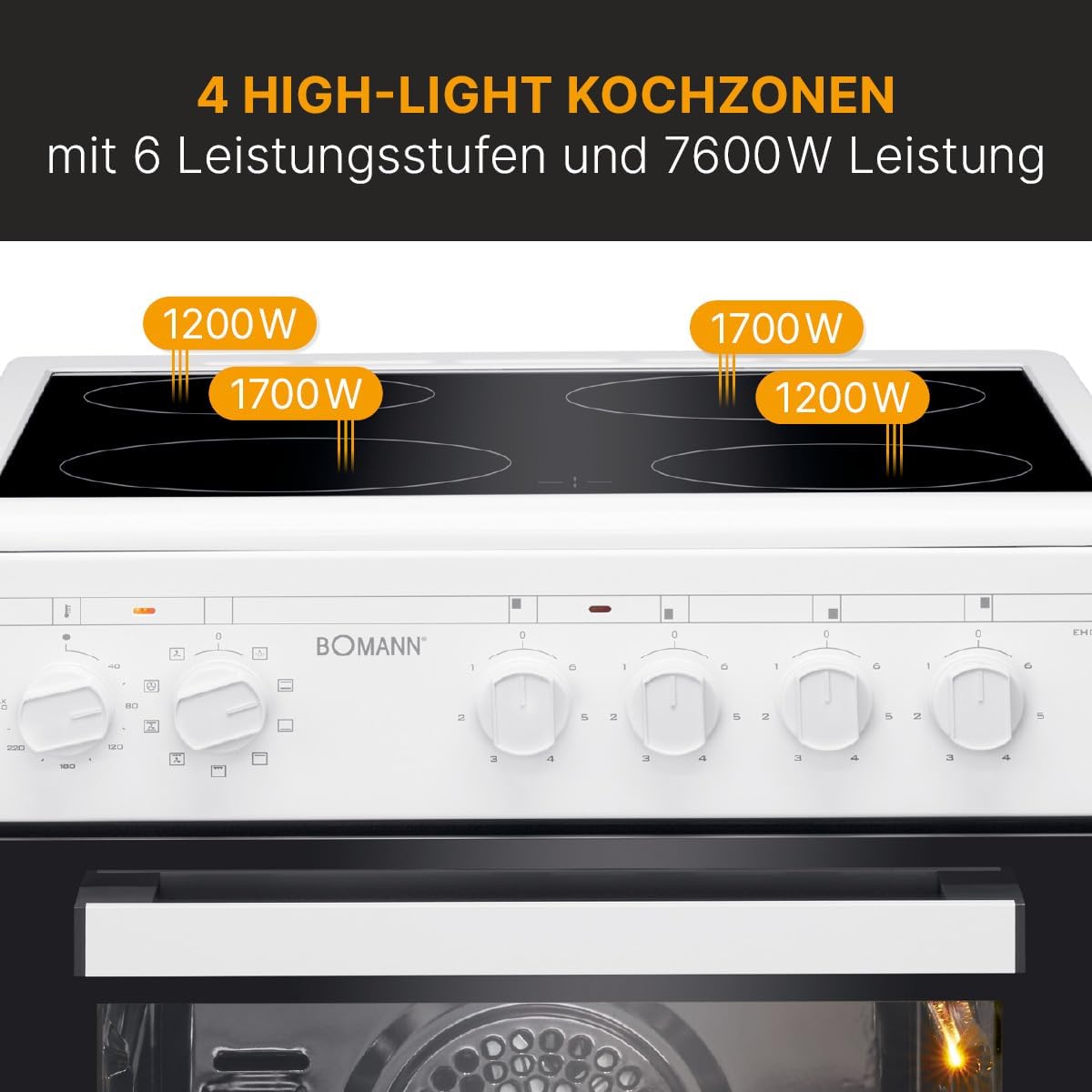 Bomann® Backofen 50cm mit Herd | Elektroherd freistehend 50 cm mit 4 Kochplatten | Standherd mit Ofen 43L | Ober-/Unterhitze | 40°C-240°C | inkl. Blech & Grillrost | Elektroherd mit Kochfeld EHC 7939