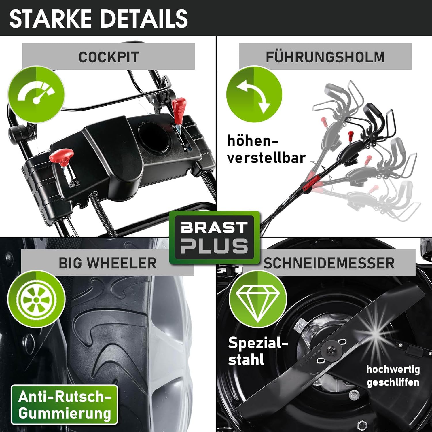 BRAST Benzin Rasenmäher mit Antrieb | 5,2kW (7PS) | 55cm Schnittbreite | viele Modelle | TÜV | 30-80mm Schnitthöhe | 60L Fangkorb | 4 Takt OHV Motor | Stahlgehäuse | Power