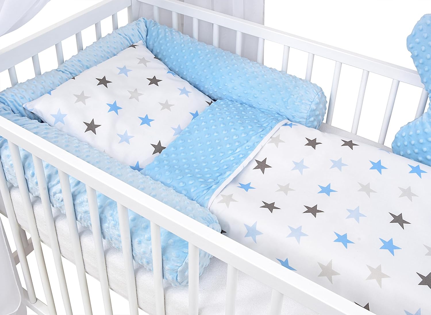 Baby Delux Babybett Komplett Set Hausbett 60x120 cm weiß Schublade Rausfallschutz Kinderbett Matratze Bettwäsche Deko Set (Prince Stars)
